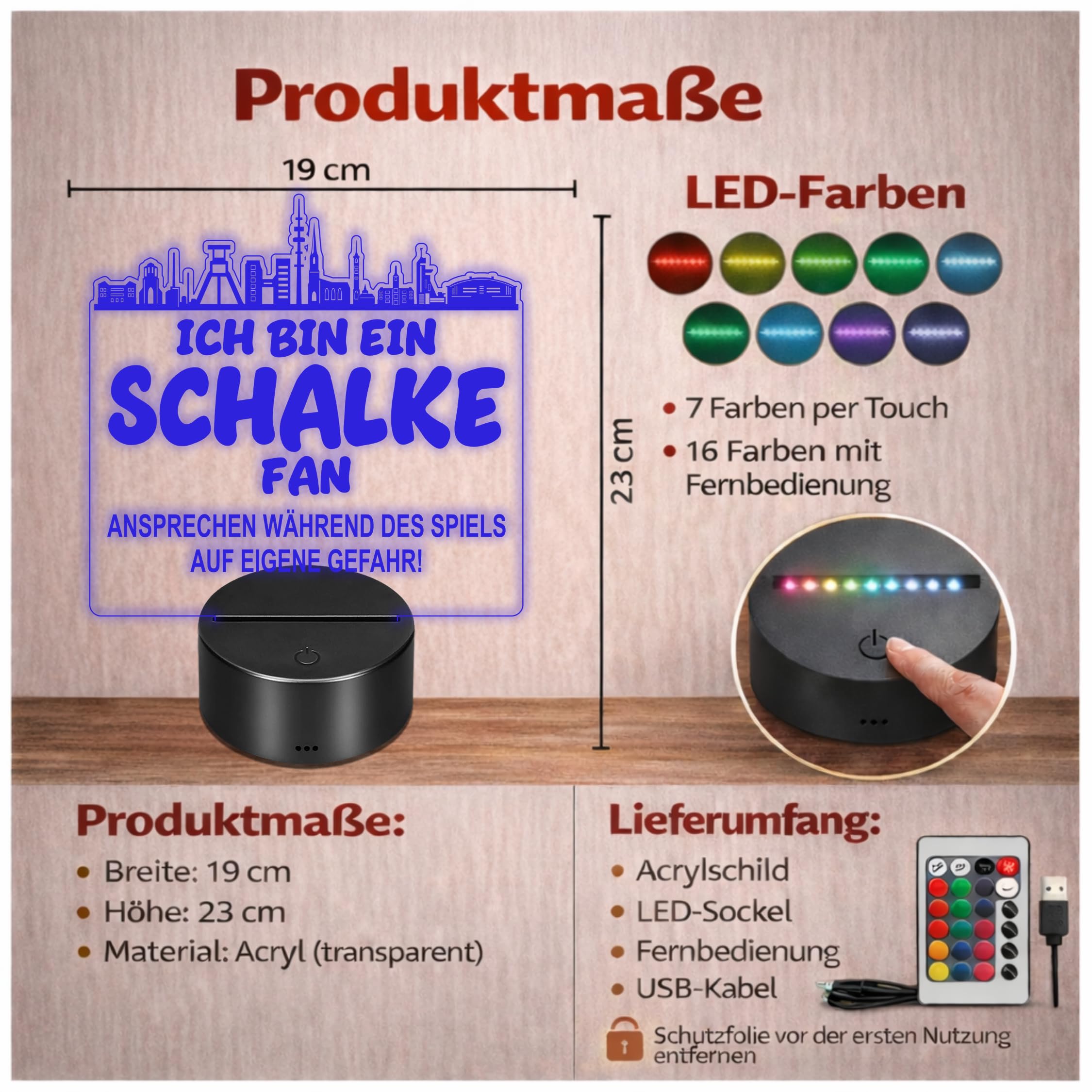 Lieblingsmensch Schalke Fan Fußball LED Nachtlicht – 3D Skyline Design „Ansprechen auf eigene Gefahr“ – RGB Farbwechsel mit Fernbedienung & Touch – Stimmungslicht für die Man Cave – 19x23cm