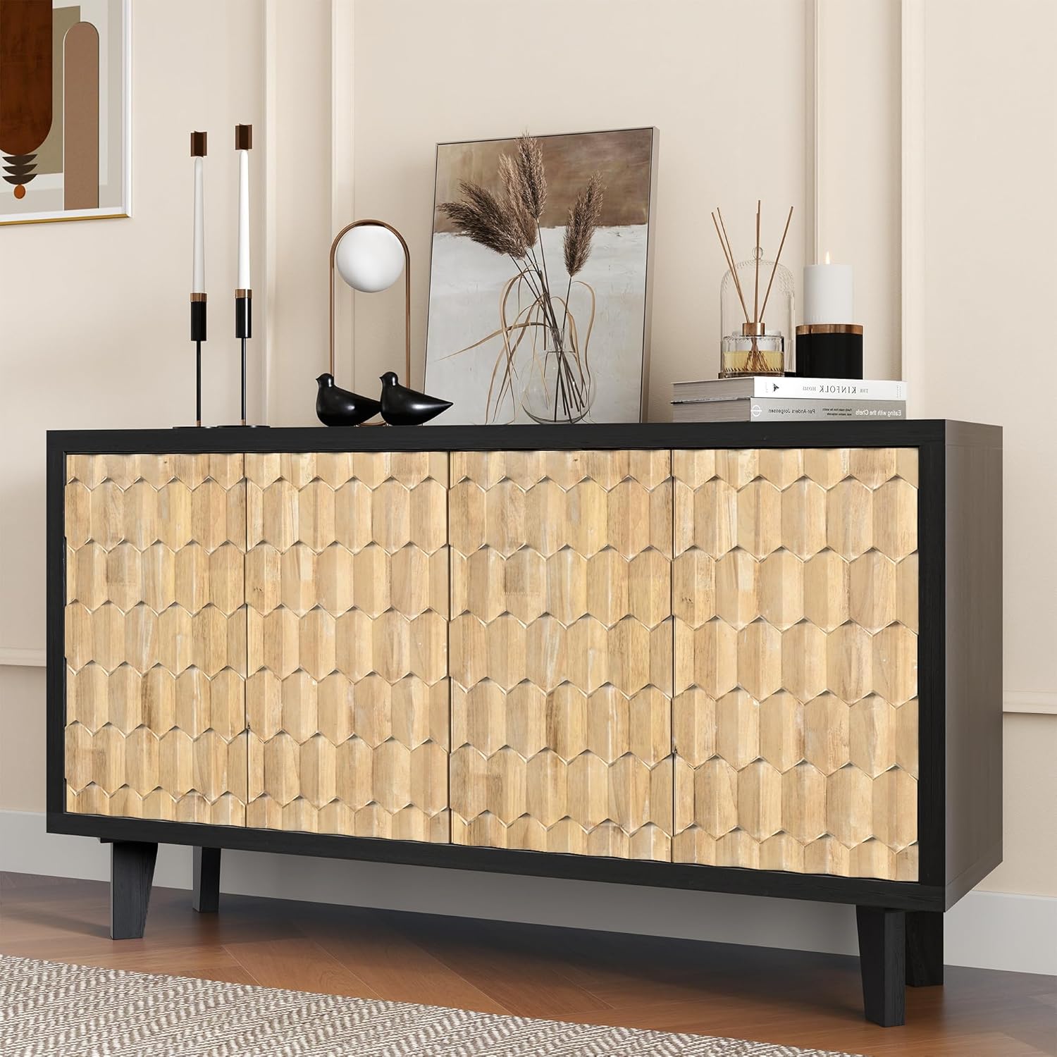 Buffet Cabinet with Storage, Distressed Storage Cabinet with 4 Carved Doors and Adjustable Shelf, Wooden Accent Sideboard Buffet Cabinets for Kitchen, Living Room, Entryway, Black&Natural