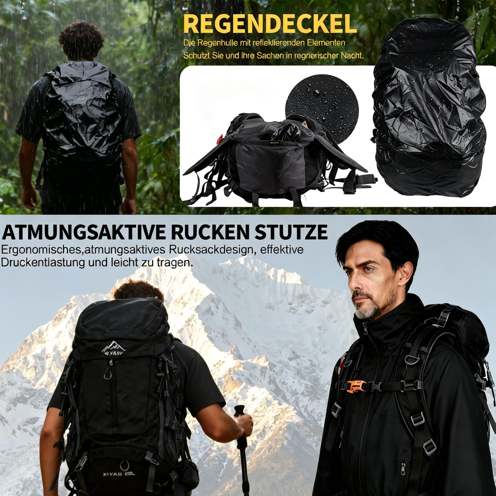 Wanderrucksack 60L Wasserdicht mit Regenhülle – Trekkingrucksack mit Tragesystem, Trinksystem-Kompatibilität, Schuhfach, Leicht & Ergonomisch für Camping, Wandern & Mehrtagestouren (Schwarz)