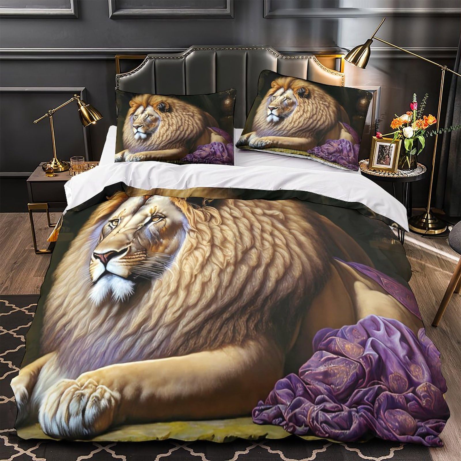Parure de couette lion 3D microfibre lavable 220x240cm avec 2 taies d'oreiller