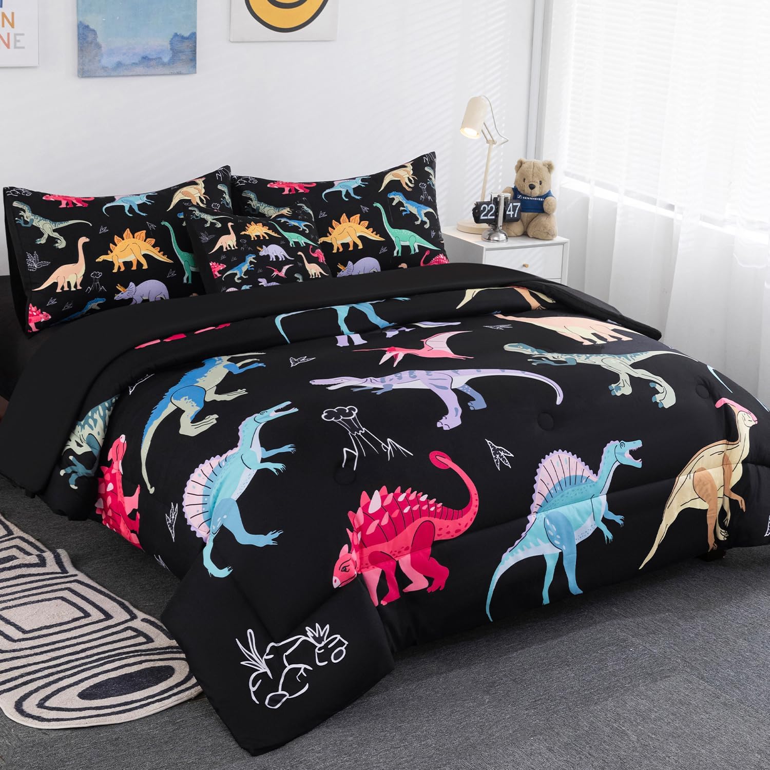 Dinosaur Bedding Set Full Size, 6Pcs Black Comforter Set for Boys Kids Teens Girls, Cute Colorful Jungle T-Rex Pattern Bed in A Bag with Sheet Set for All Seasons (Dinosaurs, Full)
