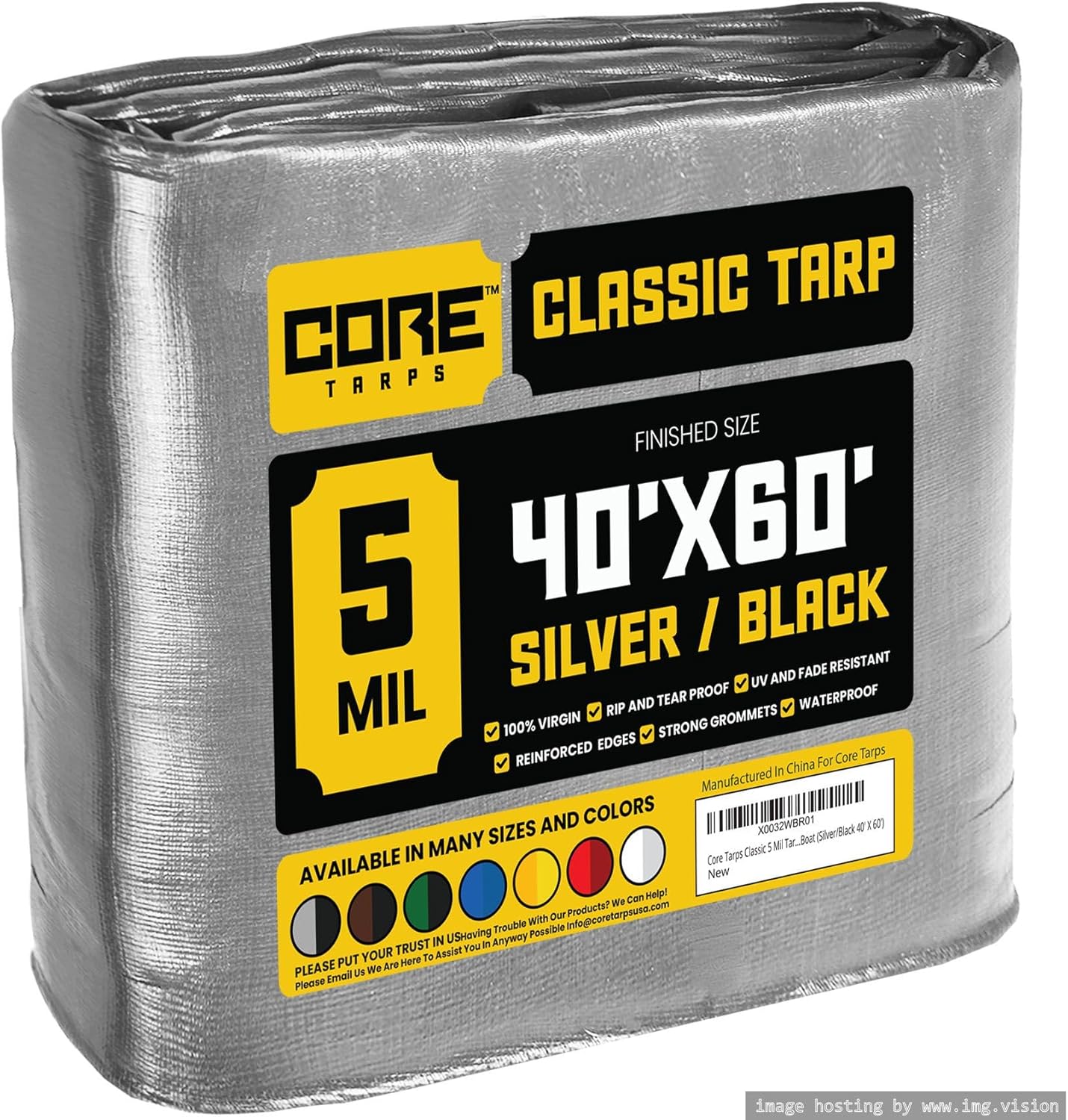 Core Tarps Classic 5 Mil Tarp Cover, Waterproof, UV Resistant, Rip and Tear Proof, Poly Tarpaulin with Reinforced Edges for Roof, Camping, Patio, Pool Cover, Boat (Silver/Black 40 X 60)