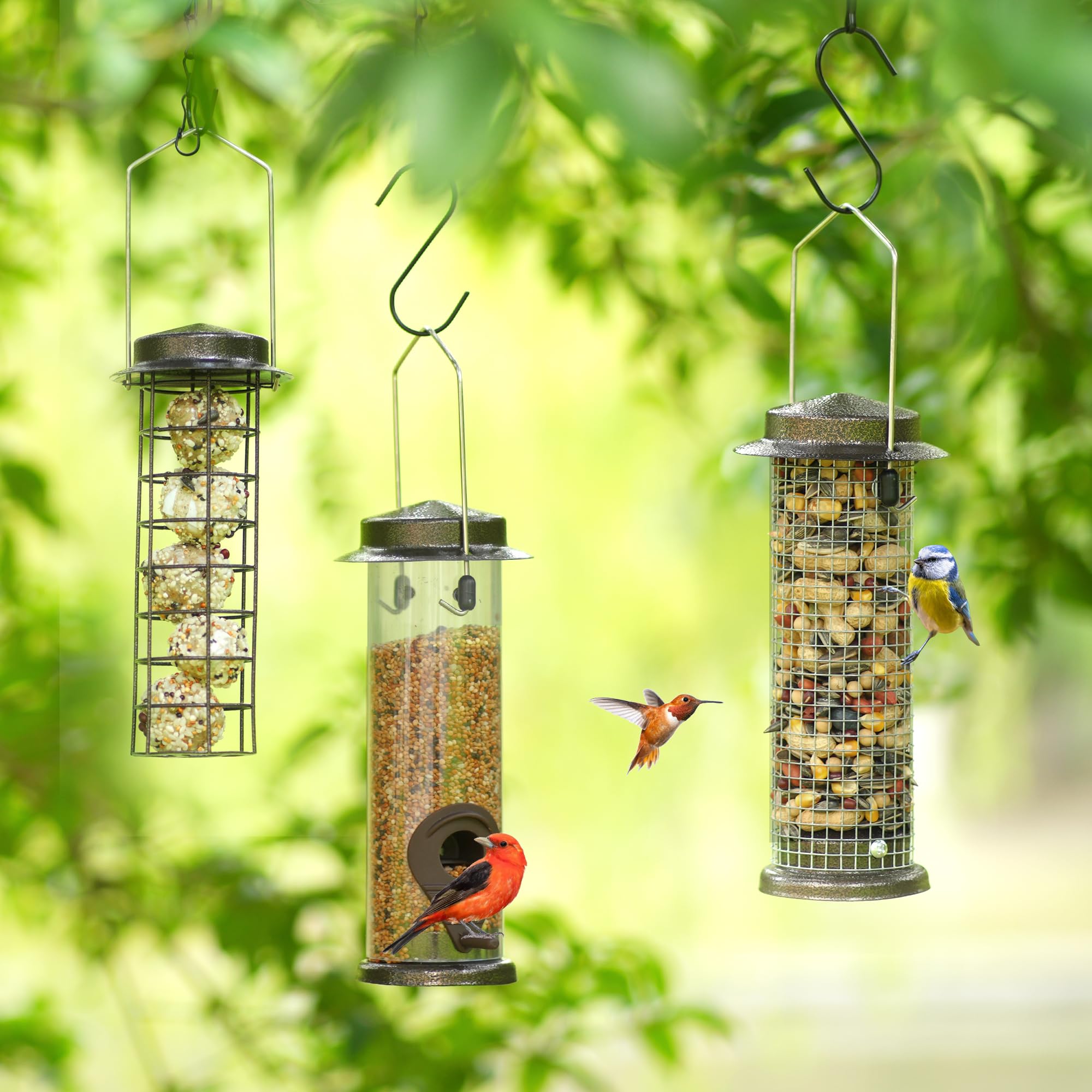 Urban Deco 3er Set Vogelfutterspender zum Aufhängen, Robust Metall Vogelfutterhaus für Vögel, Leicht zu reinigen und nachzufüllen (braun-3pk)