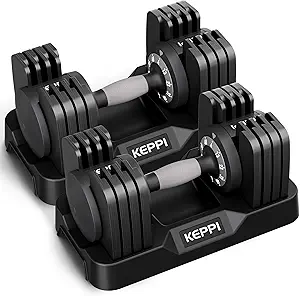 Keppi Adjustable Dumbbells Set - 25lb, 40lb, 55lb, 60lb - Space-Saving, Fast Adjust, Anti-Slip Metal Handles