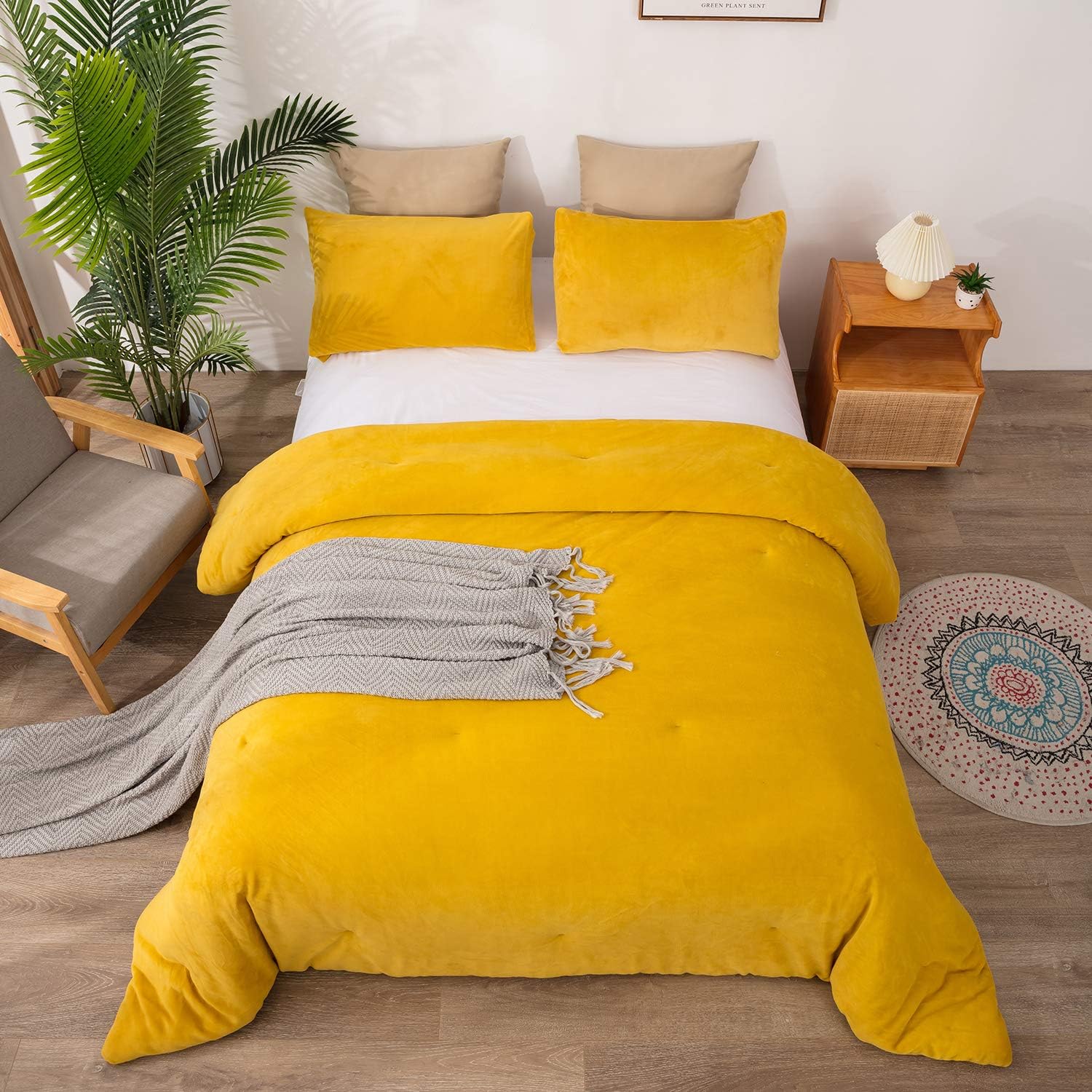 Cottonight Mustard Yellow Velvet Comforter Set Queen Plush Flannel Fluffy Yellow Bedding Comforter Set Micromink Sherpa Warm Heavyweight Winter Comforter for Women Men Adults Teens