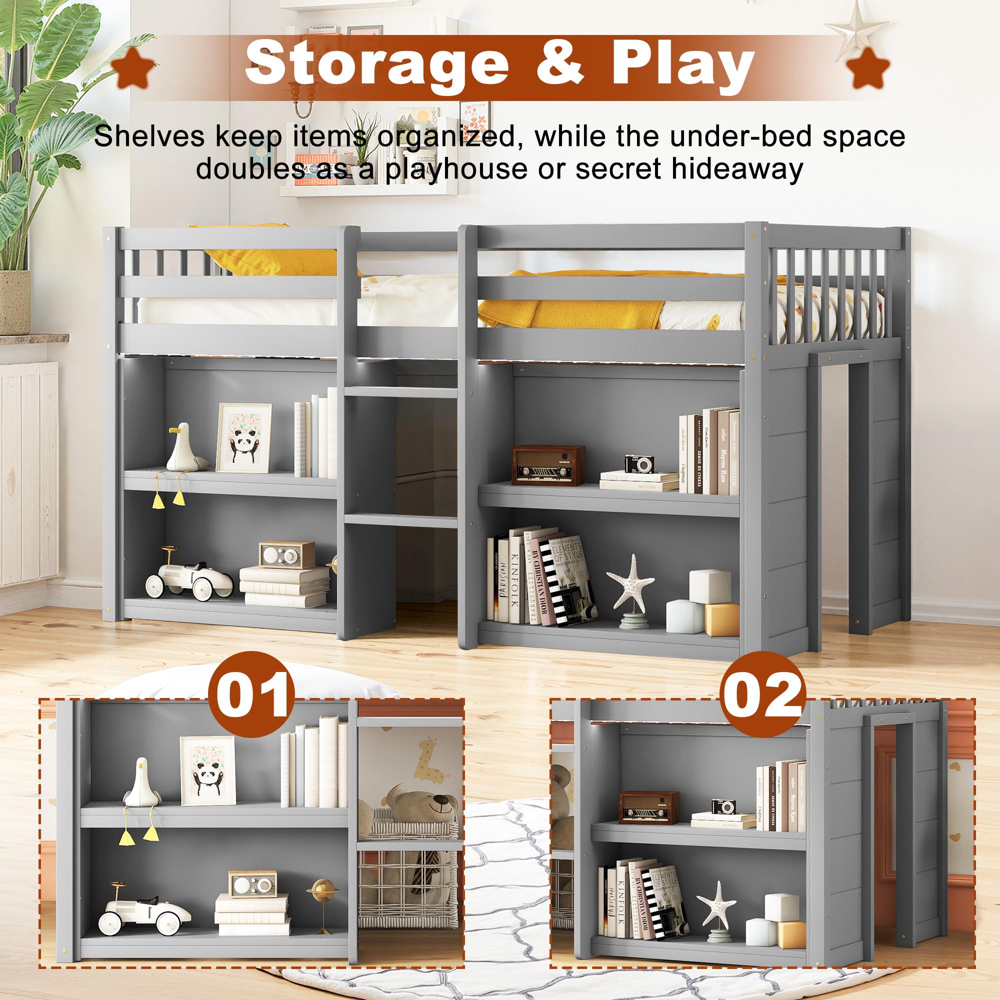 Osparple Twin Size Low Loft Bed, Kids Loft Beds with Stairs and Storage, Wood Beds Frames with Two-Tier Shelves and LED Light for Teens, Girls or Boys, Gray/Grey