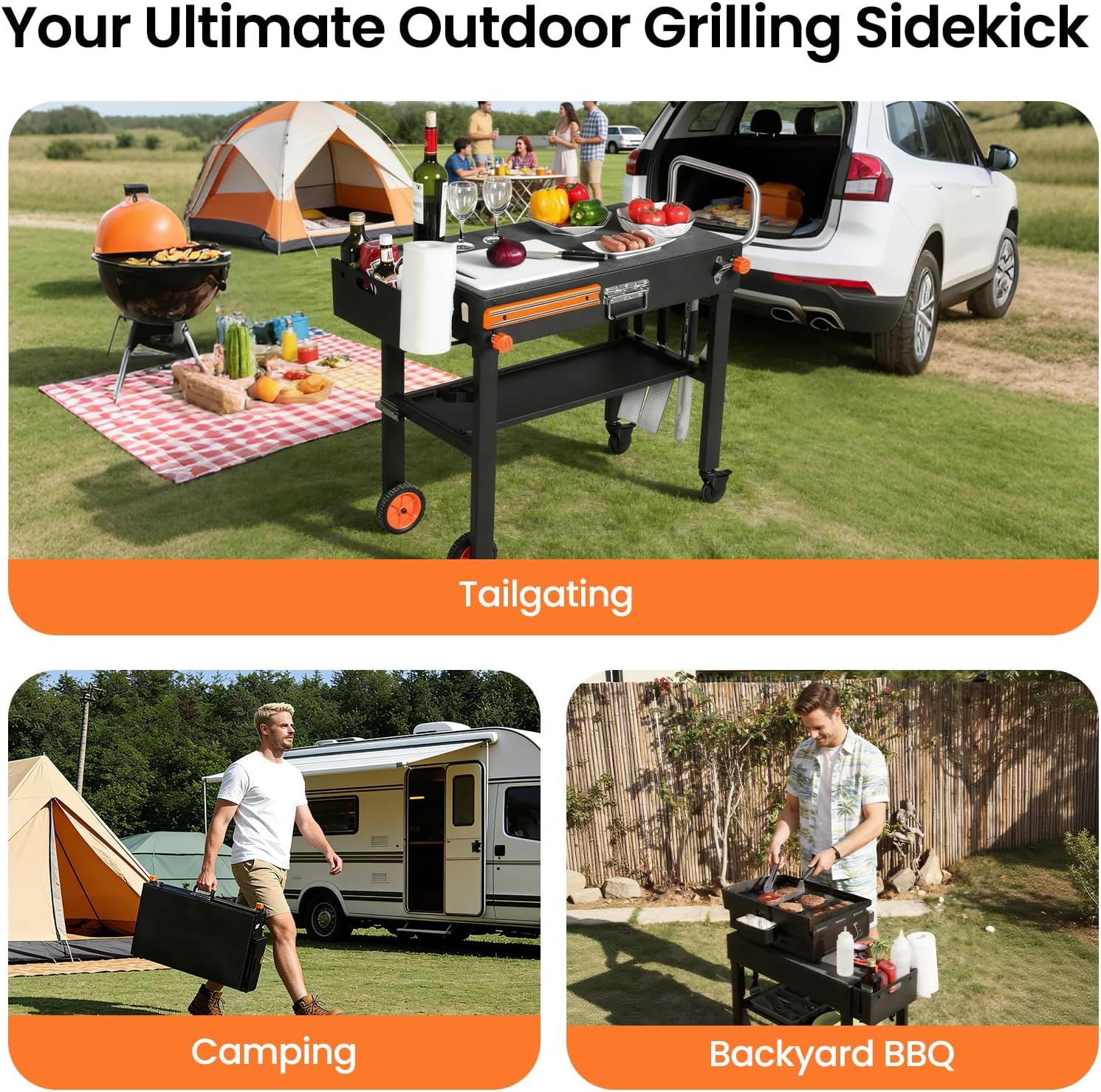 Folding Grill Table for Blackstone 17" & 22" Griddle, Portable Grill Cart with Wheels, 20-Second Tool-Free Setup, 450 lb Heavy Duty Outdoor Cooking Prep Station for Ninja Woodfire Grill & Pizza Oven