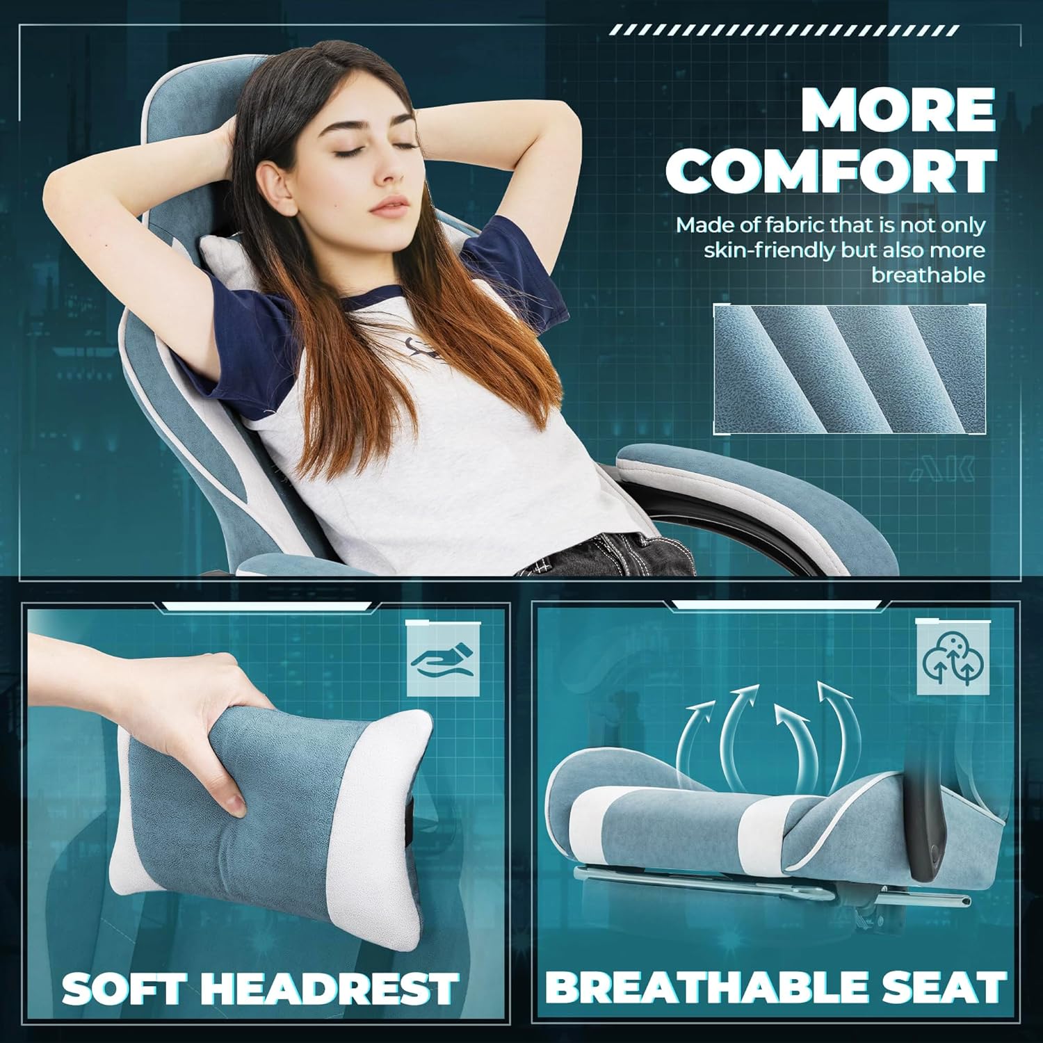 User comfortably resting in the Furmax gaming chair, highlighting the soft headrest and breathable fabric.