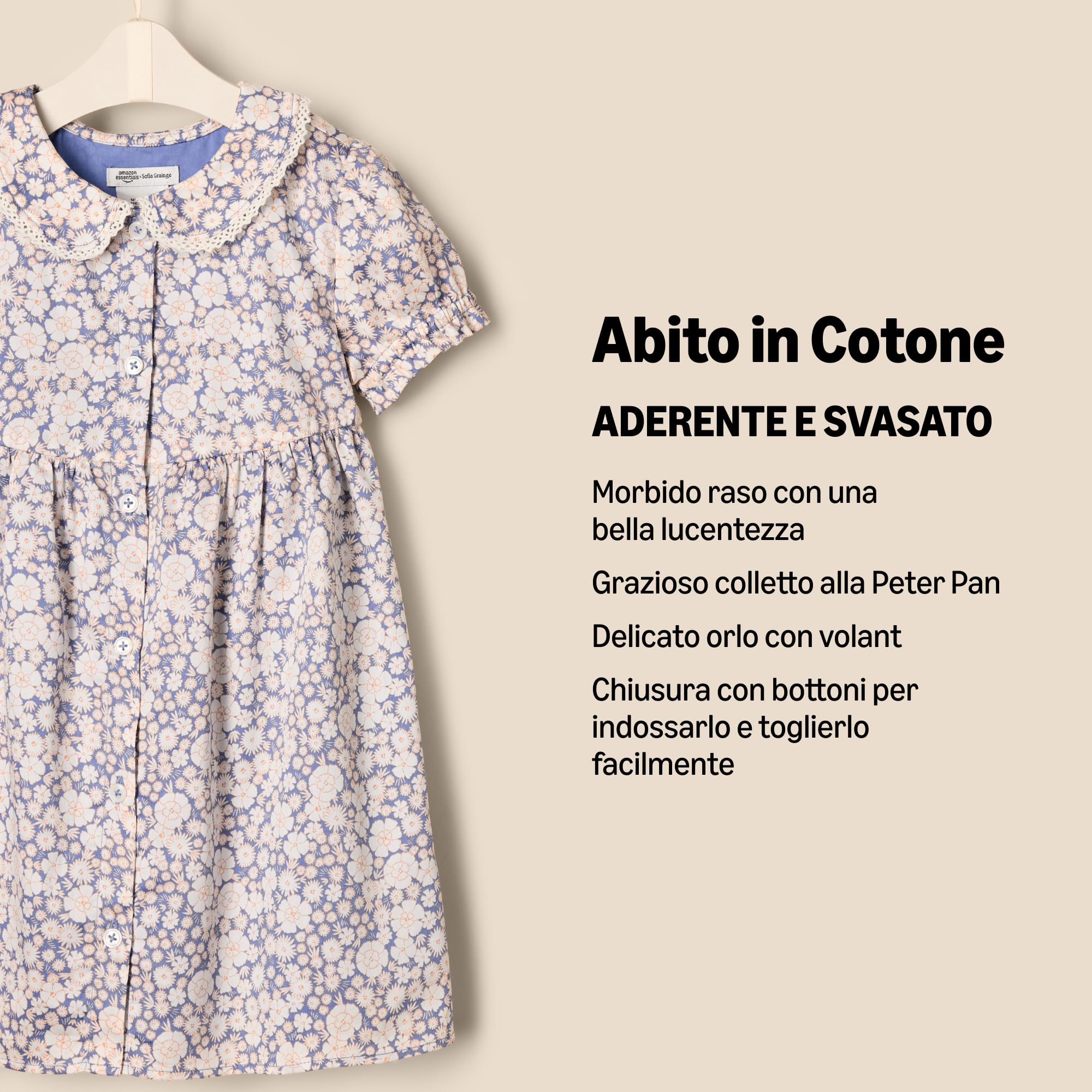 Amazon Essentials x Sofia Grainge Abito in Raso di Cotone con Colletto Bimba e Bambina