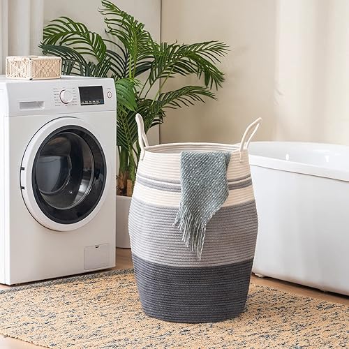 Miniatura 5 de Cesta de lavandería tejida extra grande de 105 litros con asas de cuerda de algodón resistentes para ropa y juguetes en dormitorio, cuarto de bebé,