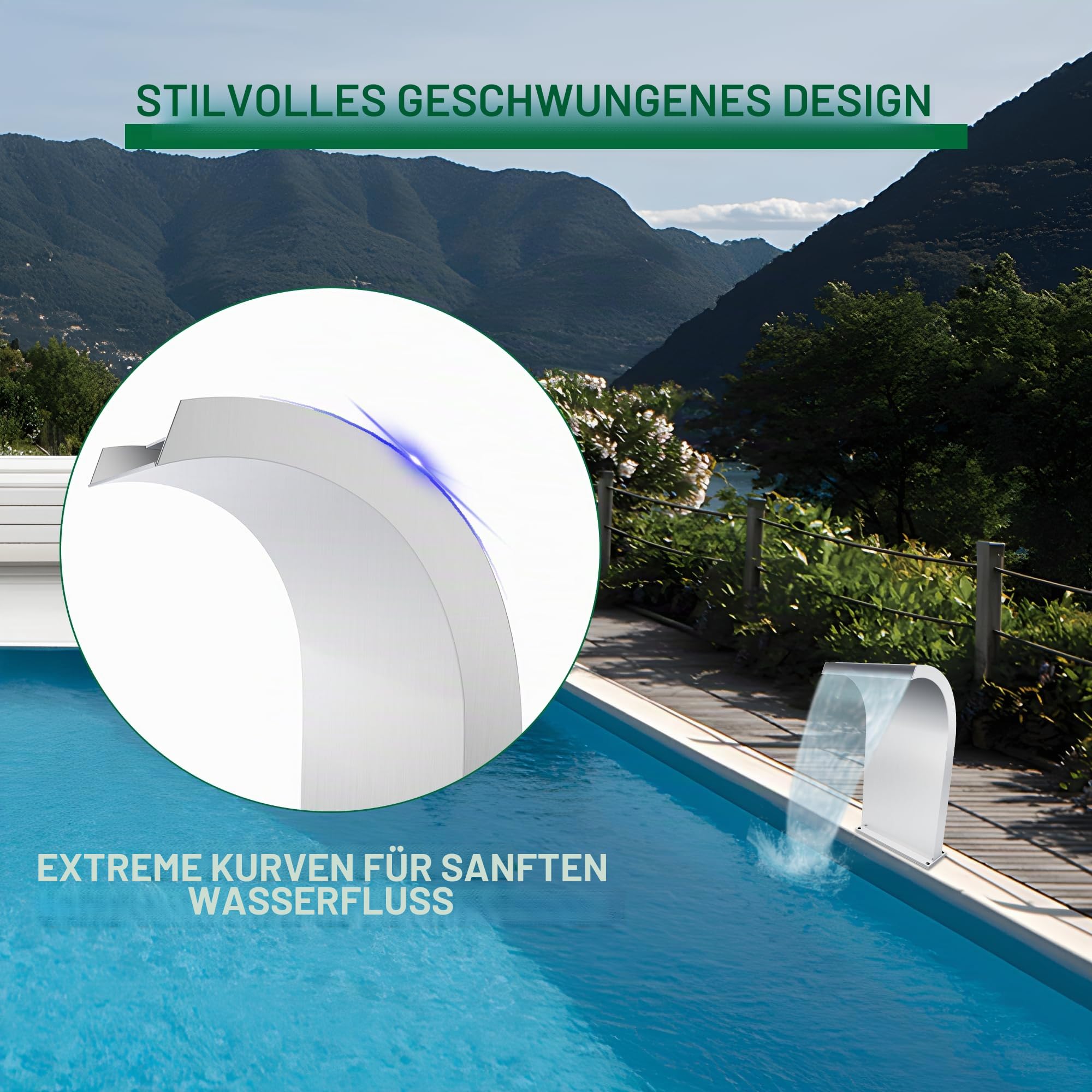 Gebogener Poolbrunnen aus Edelstahl mit Zubehör, S-förmige Teichwasserfälle für Garten, Terrasse, Pool, Pooldekoration, Höhe 51 cm