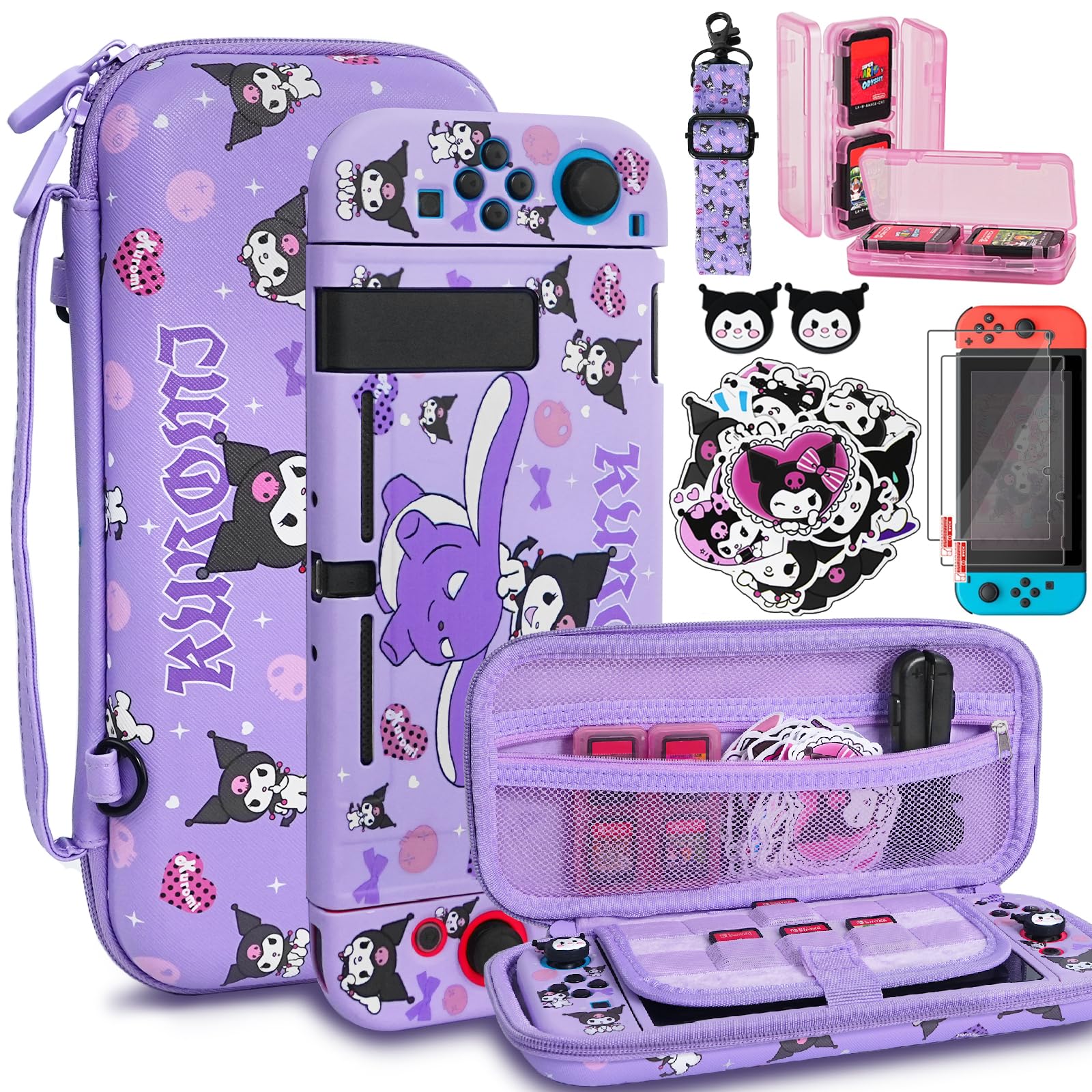 TIKOdirect Carrying Case for Switch, Cute Portable Travel Bag Accessories with Soft Protective Case, Screen Protectors and Thumb grip caps, Game Card Case 7in1, Purple K