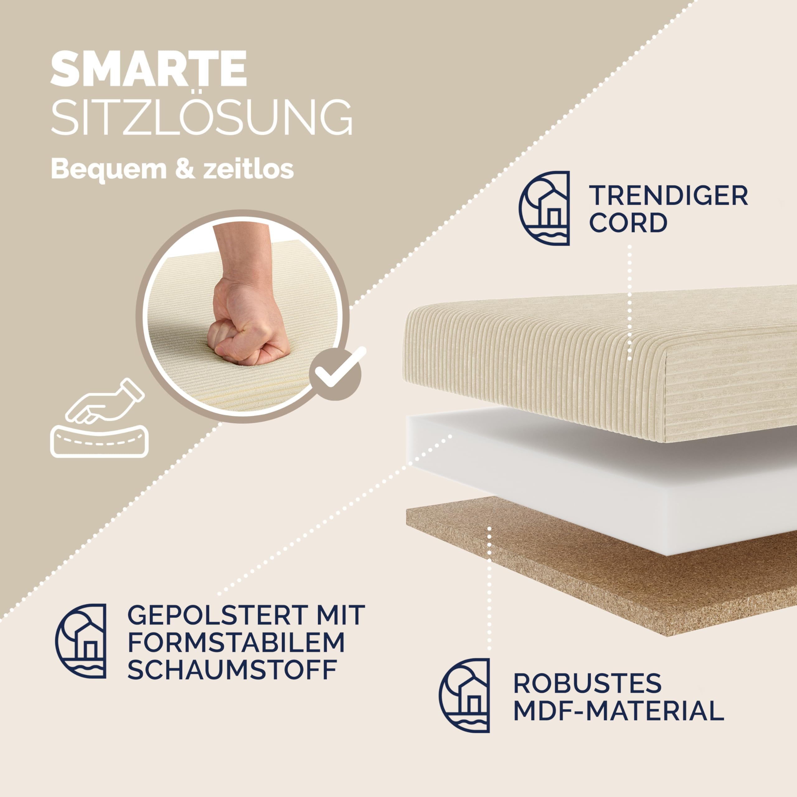 Casaria® Sitzbank mit Stauraum Beige Cord Faltbar Sitzbank 300kg Belastbar 76x38cm Truhe für Wohnzimmer Schlafzimmer Flur Diele Truhenbank Bank