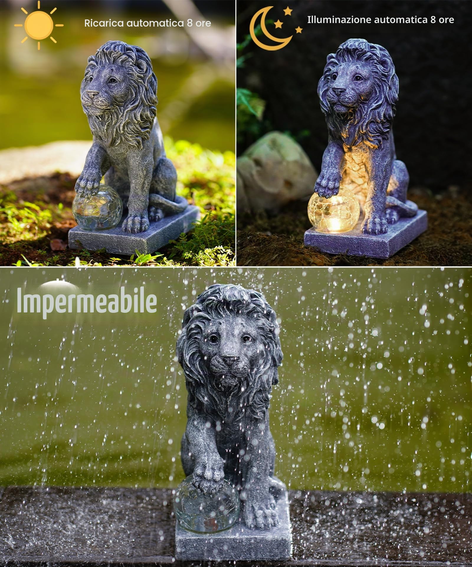 Yeomoo Statua di leone solare ornamentale da giardino, statuetta da esterno con luci a sfera, regalo da giardino per donne, mamma, uomini, scultura in resina impermeabile per prato, patio, balcone
