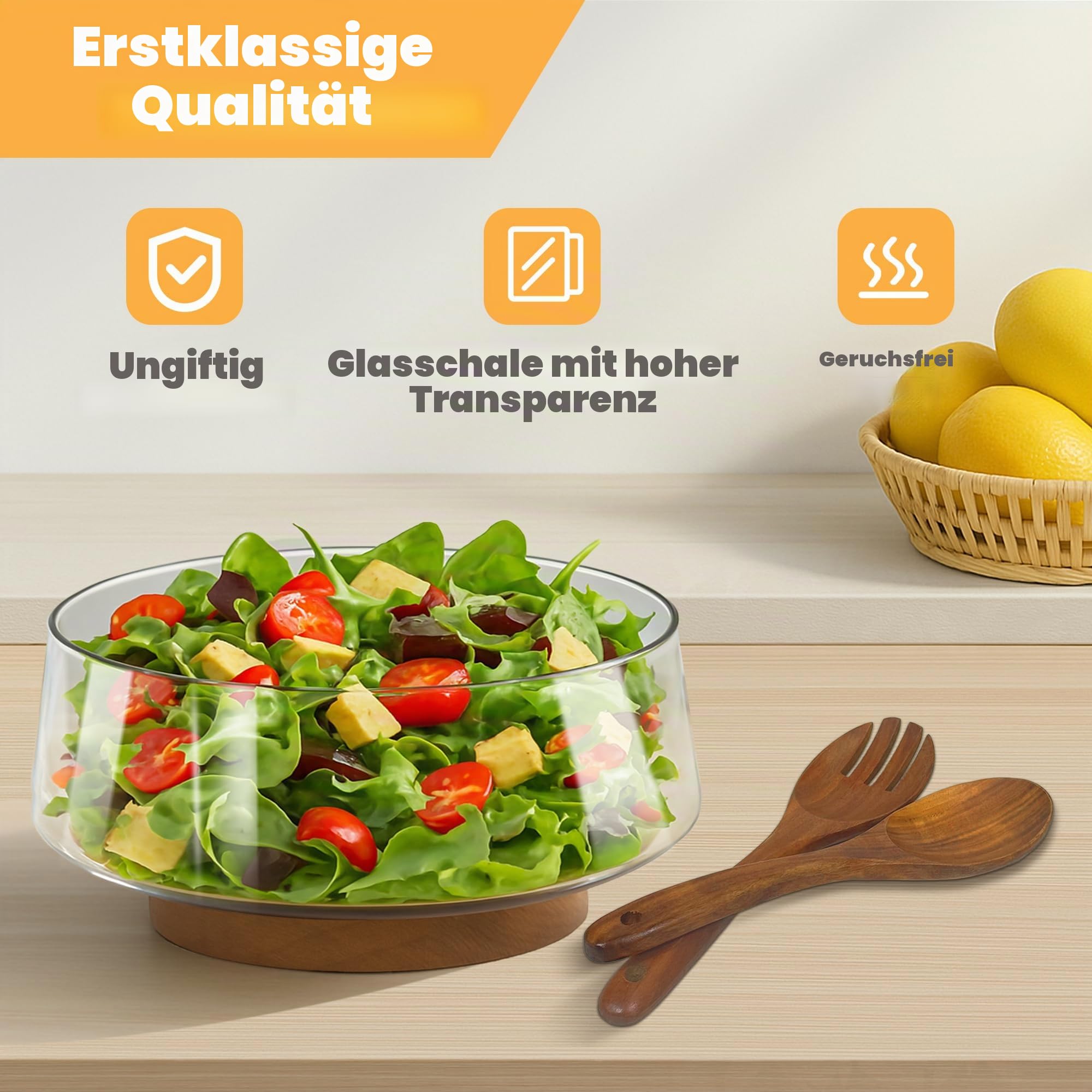 PROLEE Salatschüssel-Set aus Glas, große Salatschüsseln aus Glas mit Massivholzboden, elegante Salat-Servierschalen für Küchenutensilien und Partys (transparent)