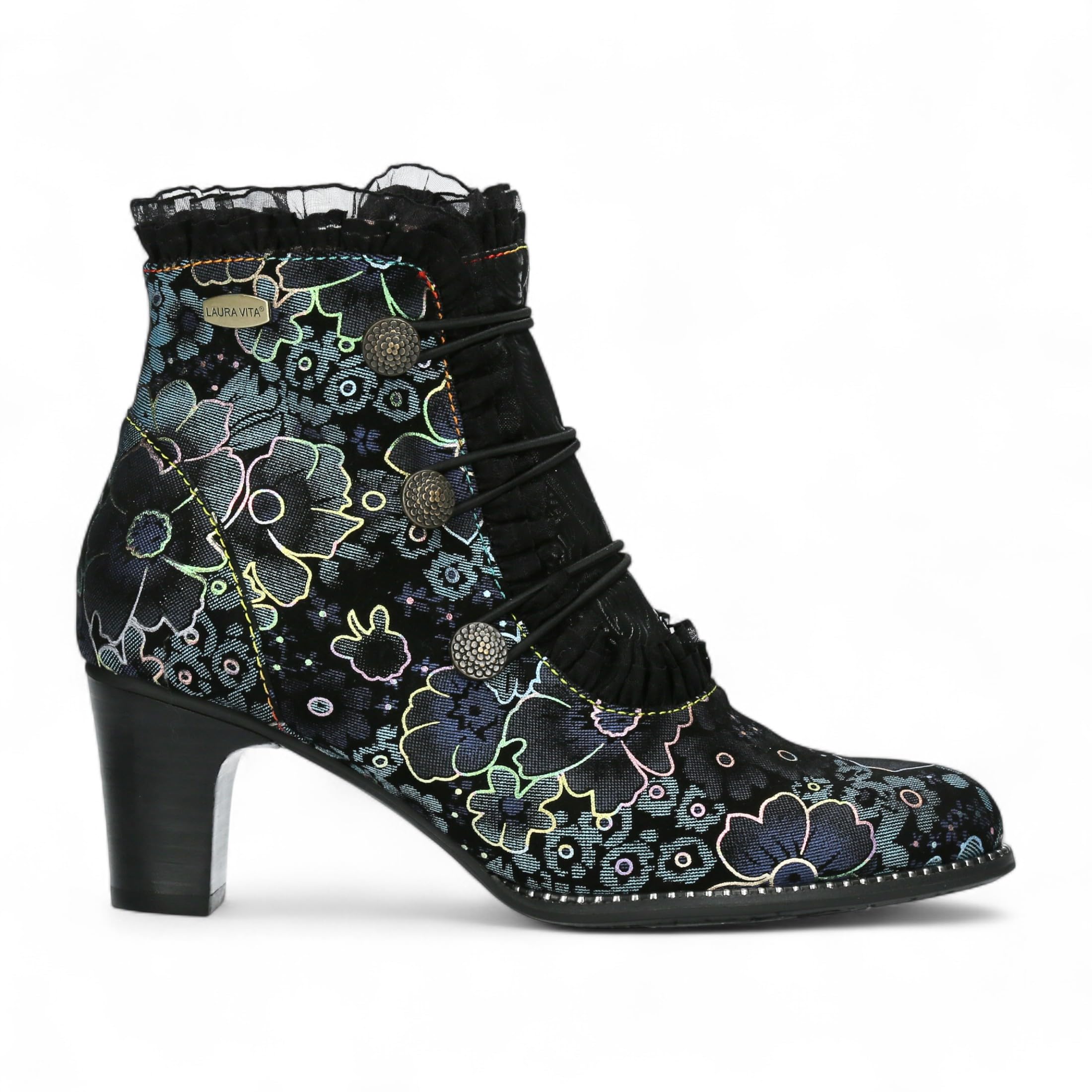 Laura Vita Women’s Elcodieo 224 Gothic Victorian Blue Floral Leather Ankle Boots – Vintage Lace-Up Zip Closure