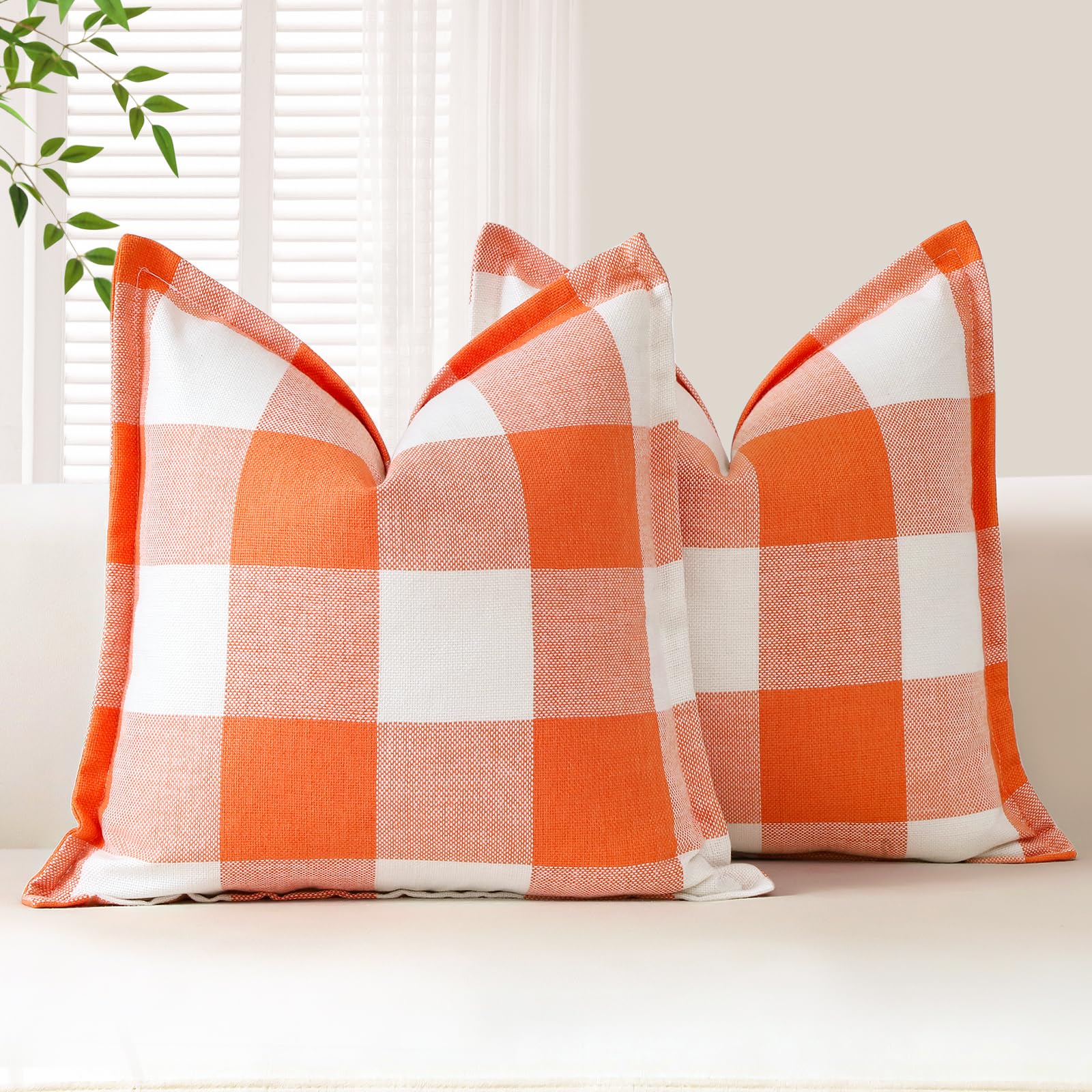 Sungeek Buffalo Check Plaid Cushion Covers 40 x 40 Set of 2 Linen Christmas Tartan Decorative Square Pillow Covers with Stitched Edge for Sofa Couch Bed Living Room 16x16 Inch (Orange and White)