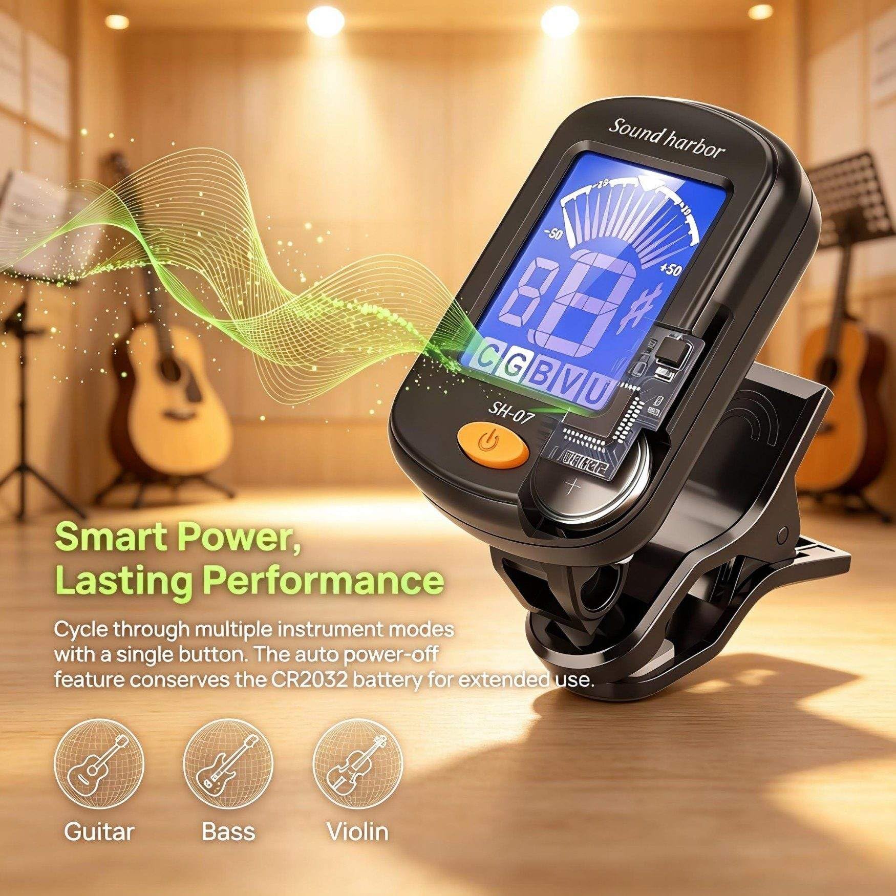 SH-07 Lot de 6 accordeurs de guitare à clipser pour guitare électrique acoustique, basse, ukulélé, violon, banjo (noir)