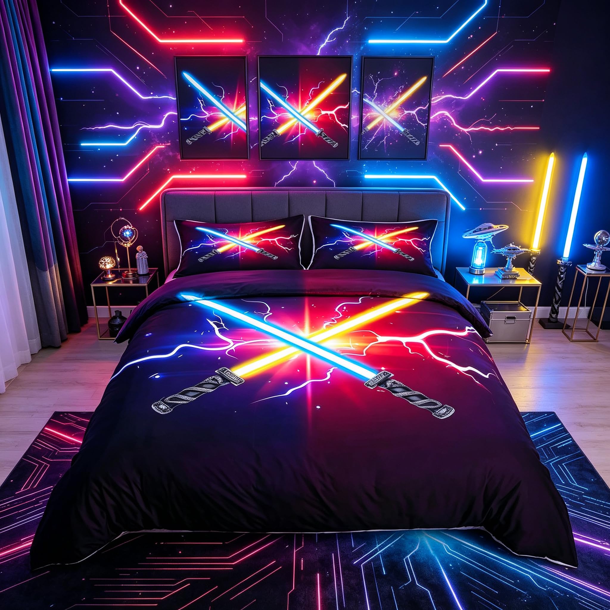 Loussiesd Neon Lights Comforter Cover Future Technology Bedding Set Lightning Red Blue Galaxy Duvet Cover for Boys Girls Teens Bedspread Cover King Size