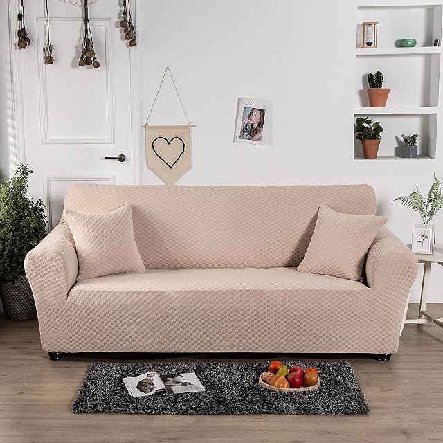 Carvapet Jacquard Sofa Cover Stretch Couch Covers Elastic Fabric Solid Waffle Pattern Chair Loveseat Settee Sofa Covers Universal Fitted Sofa Slipcover Furniture Cover Protector(Beige,2 Seater)