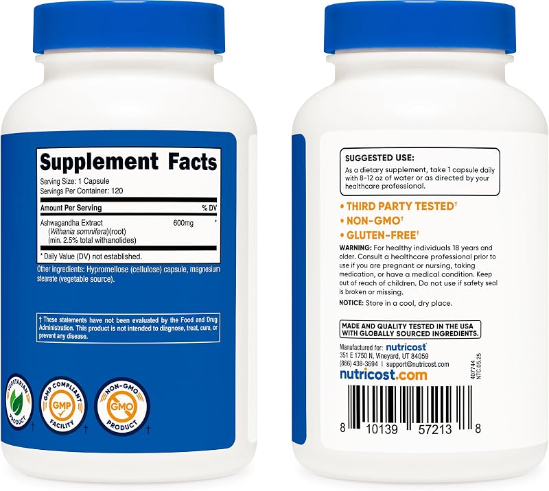 Nutricost Ashwagandha Herbal Supplement 600mg, 120 Capsules, Gluten-Free image 4