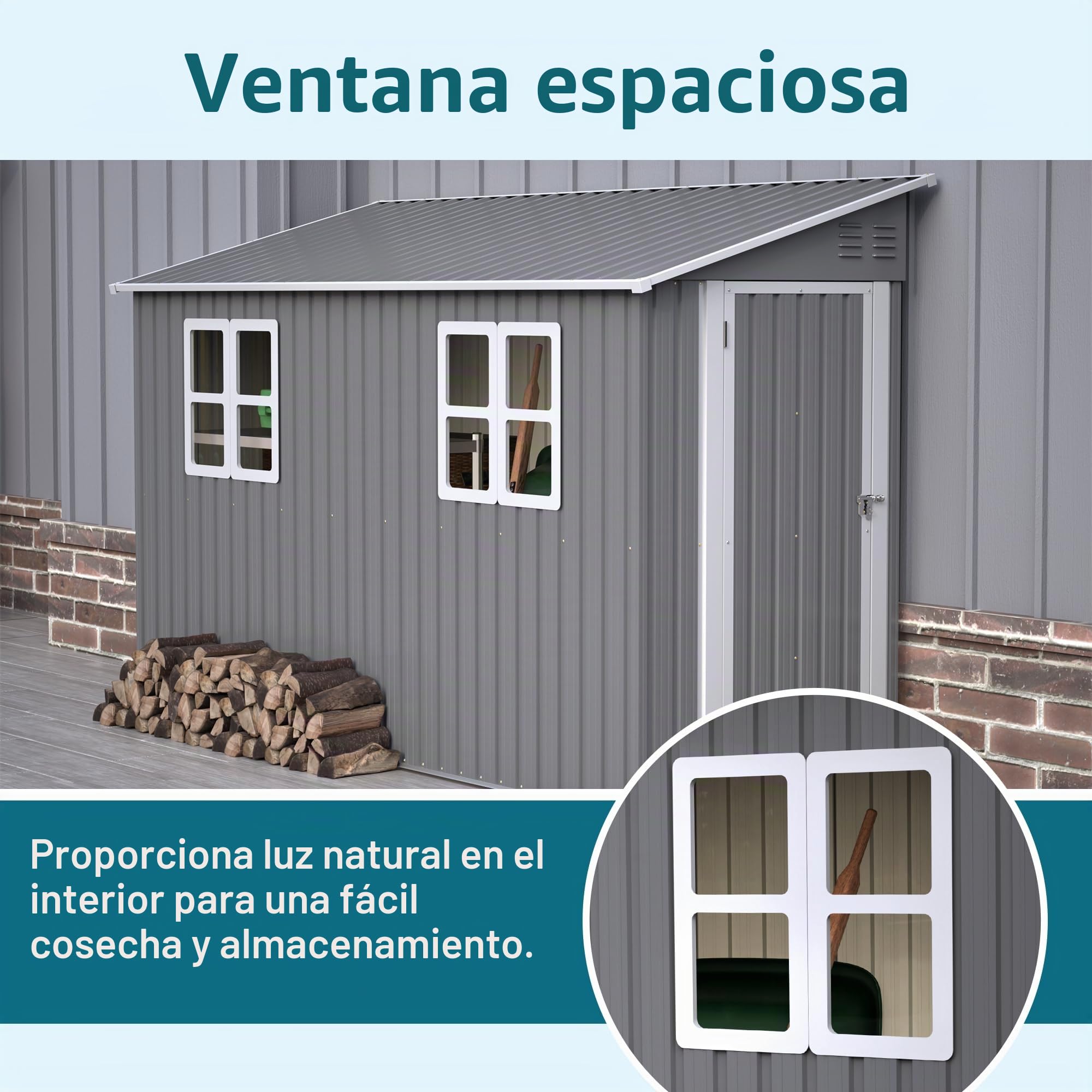 Cobertizo de herramientas de metal de 4x10 pies con diseño de tejado a dos aguas/tejado inclinado con doble puerta que se abre hacia la izquierda/derecha y 2 ventanas. Cobertizo de herramientas
