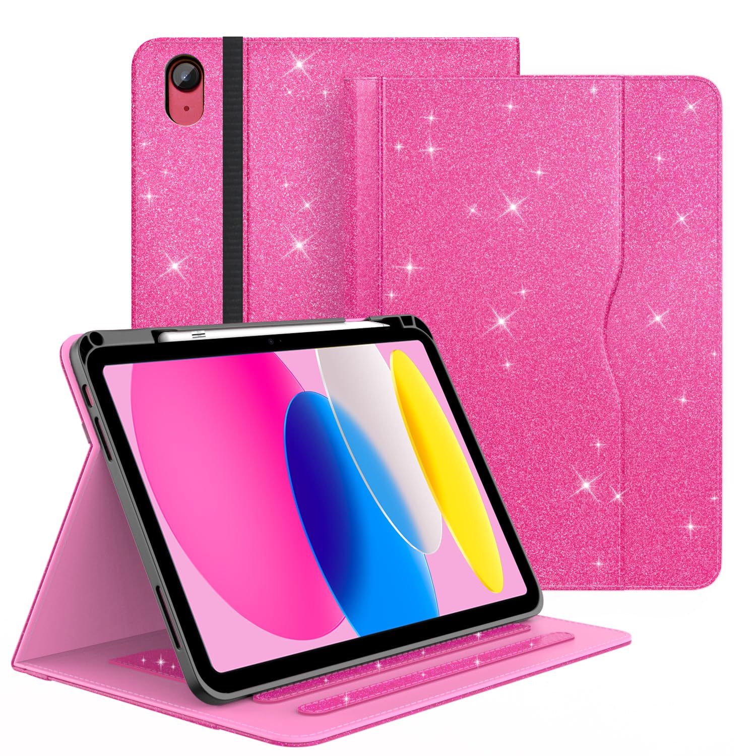 Zonefoker Case for iPad 11 inch (A16) 2025, for 10th Generation 10.9'' 2022, Leather iPad 11th/ 10th Gen Protective Cover with Auto Sleep/Wake, Pencil Holder, Pocket Desige for Women Men, Glitter Pink
