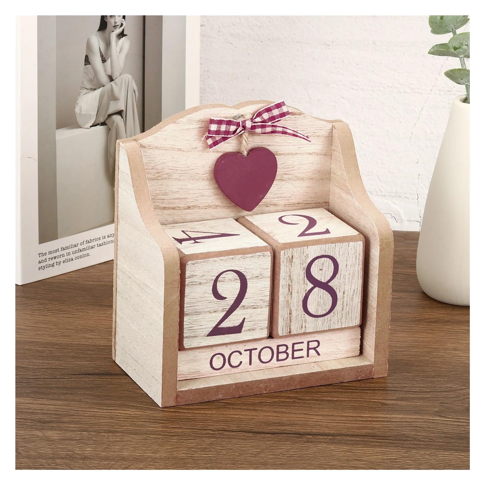 Desk Wooden Calendar Blocks Blocs de calendrier en bois Vintage, affichage du mois et la Date, accessoires bureau, bloc pour Salon ou Bureau(Brown 95x45x55mm)