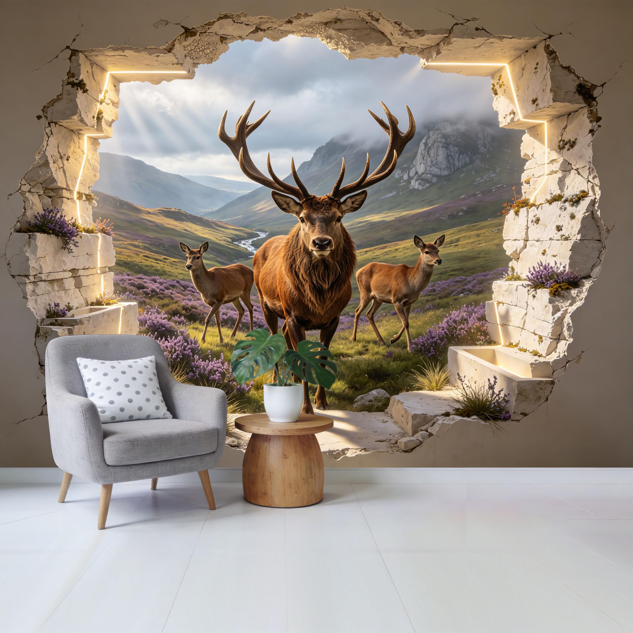 Custom Size Wall Mural 3D Deer Mountain Landscape Trompe l’oeil Hole in Wall Removable Self Adhesive Fabric Home Wall Decor for Living Room Bedroom Bathroom