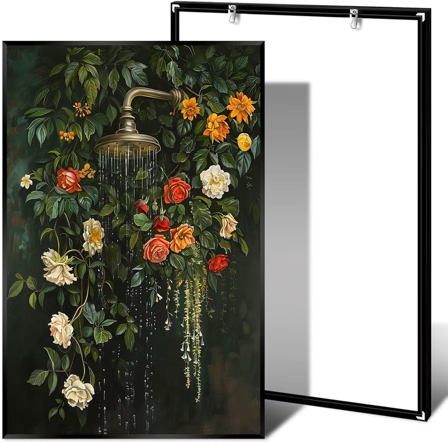 Colorful Floral Wall Art Vintage Dark Green Shower Canvas Prints Trendy Moody Flowers Poster Painting Modern Nature Botanical Aesthetic Picture Decor for Bathroom Restroom 16x24inch Black Framed