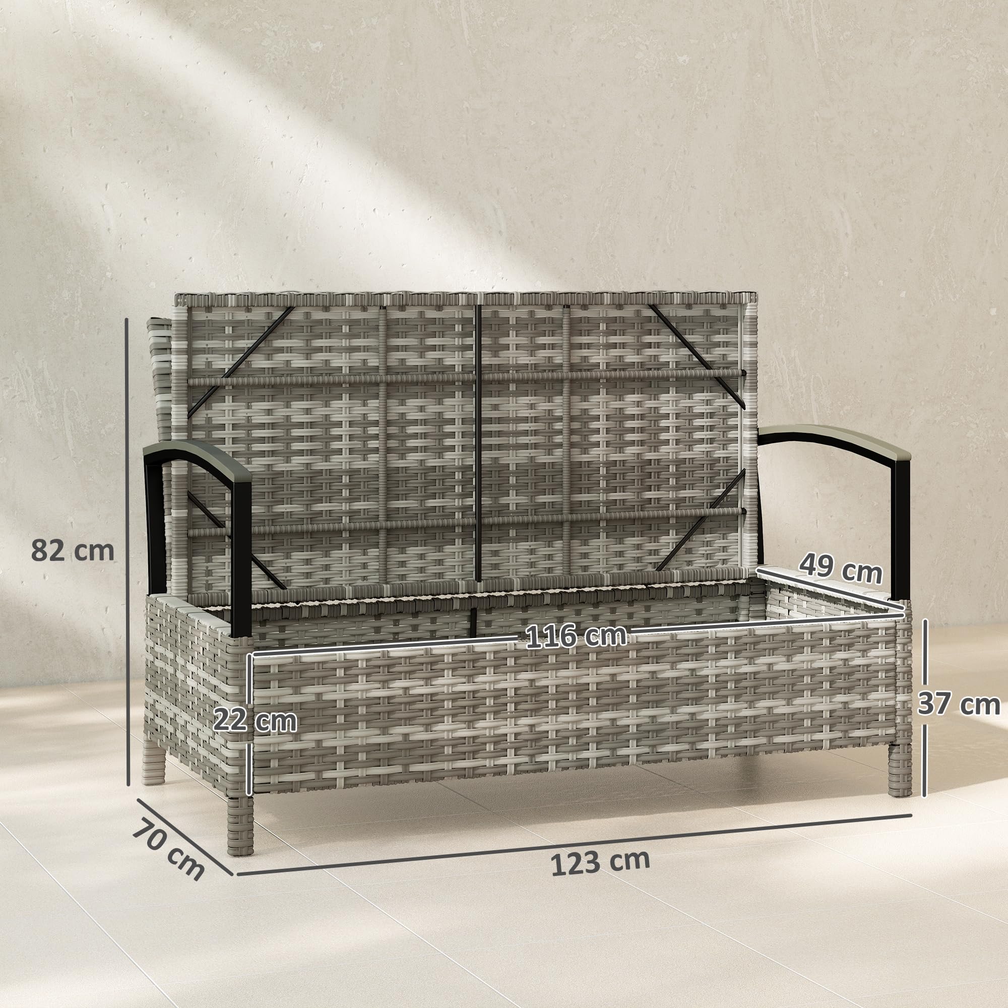 Outsunny 125L Banc Jardin Rangement 2P Rotin PE Cadre Métal Gris Foncé
