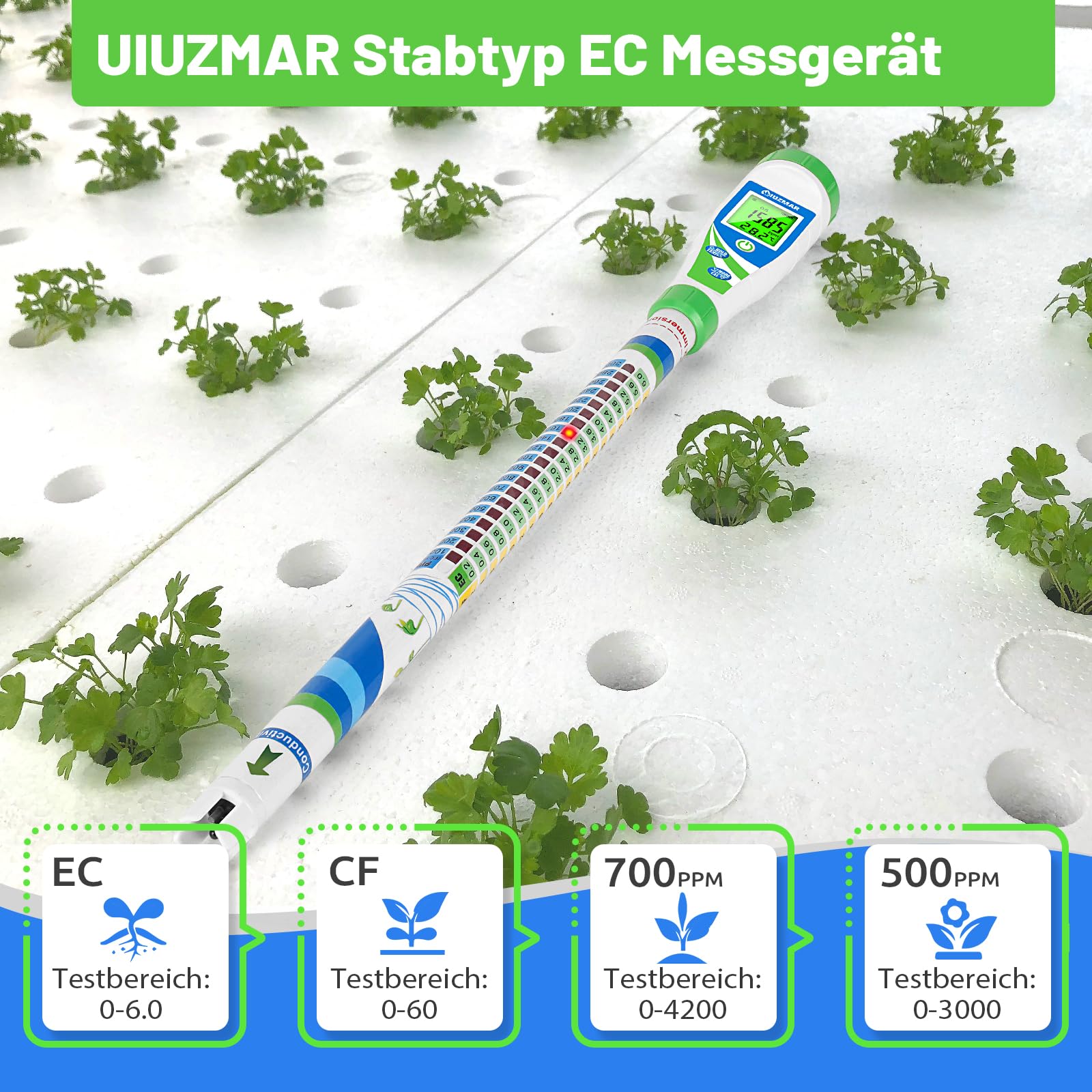 UIUZMAR Digitaler Leitfähigkeitstester, Professioneller EC Messgerät Grow (EC, ppm 500, ppm 700, CF), Hydrokultur PPM Messgerät mit Lichtanzeige für Gartenbau, Hydroponik Anbauzelt, Reservoirwasser