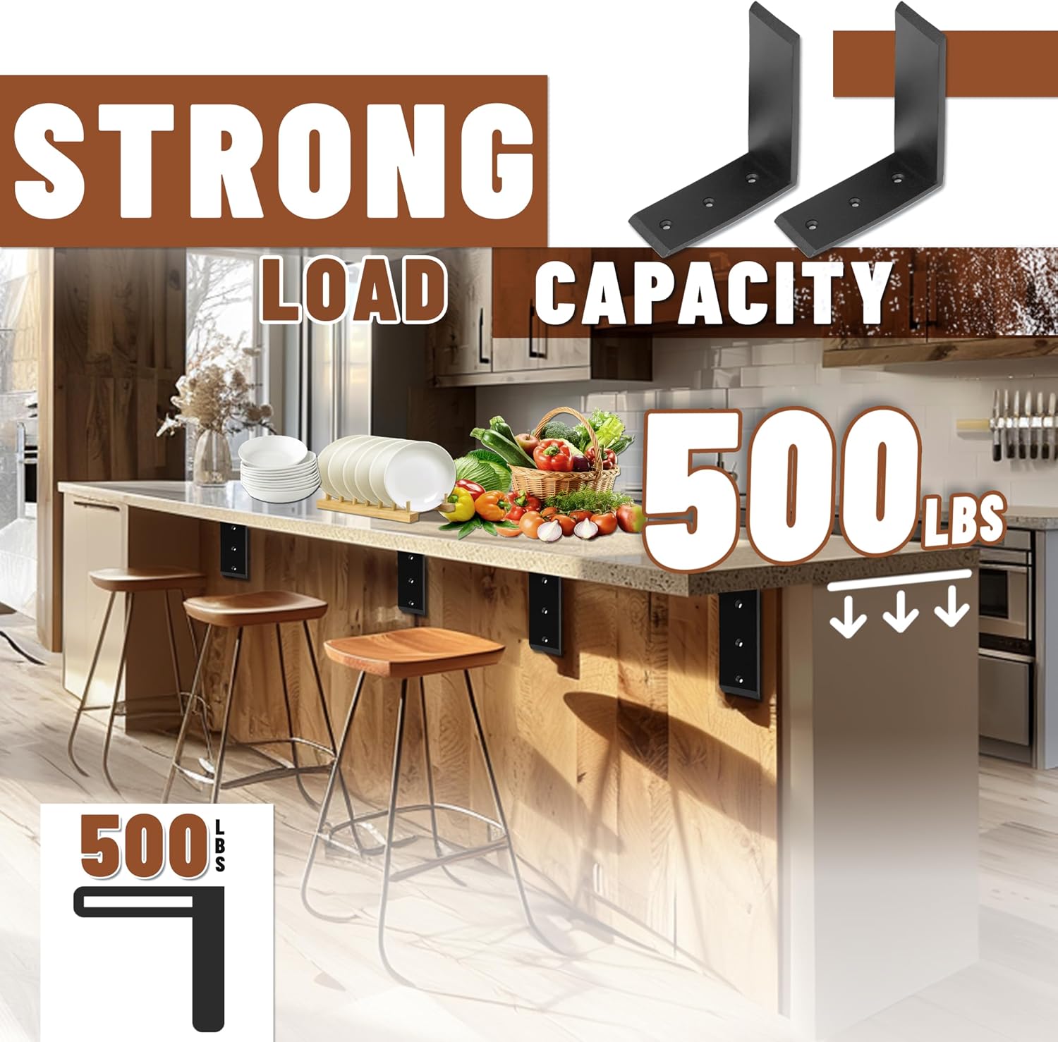 ECOTRIC 2Pcs Countertop Support Brackets 8"x6"x2.5" L Shape Shelf Bracket for Table Bench, Bar Tops, Cabinetry, Shelves and DIY 500 LBS Heavy Duty Black Steel