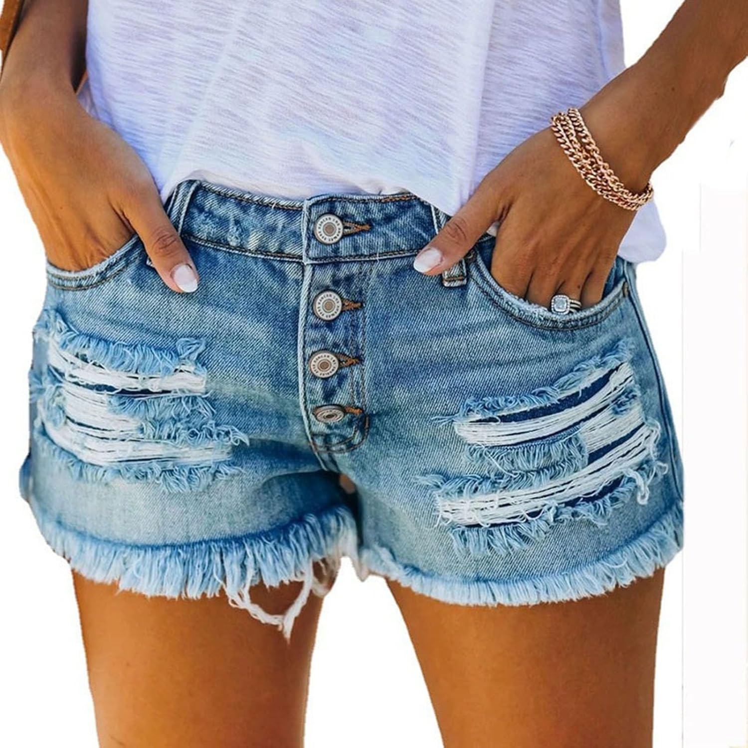 GOHRSHA Jean Shorts Womens Distressed Style Fringe Ripped Frayed Denim Shorts Mid Rise Stretchy Summer Fashion Streetwear