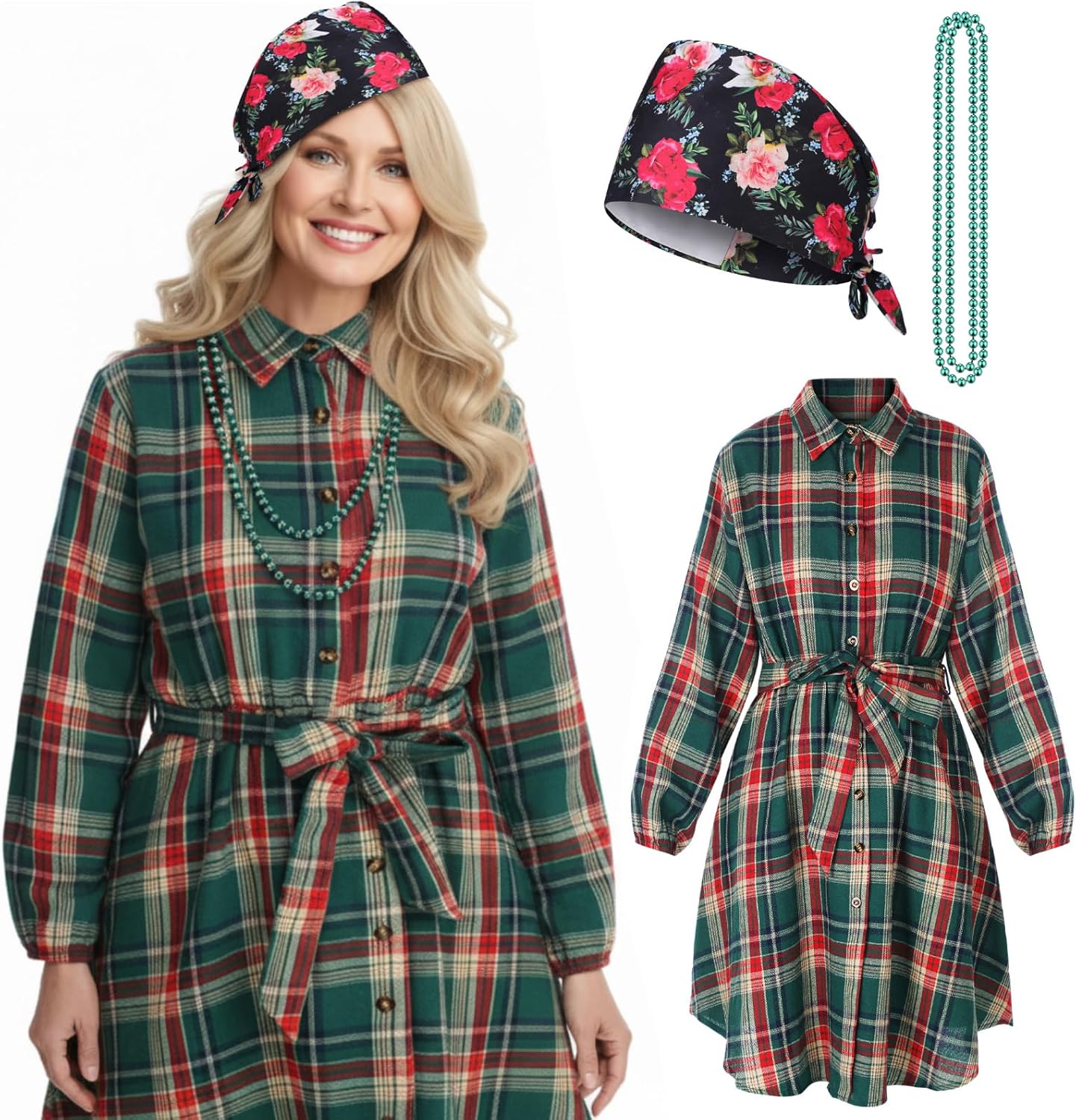 Mepase 3 Pcs Christmas Holiday Costume for Women Vintage Long Sleeve Dress Floral Cap Pearl Necklace Xmas Party Outfit