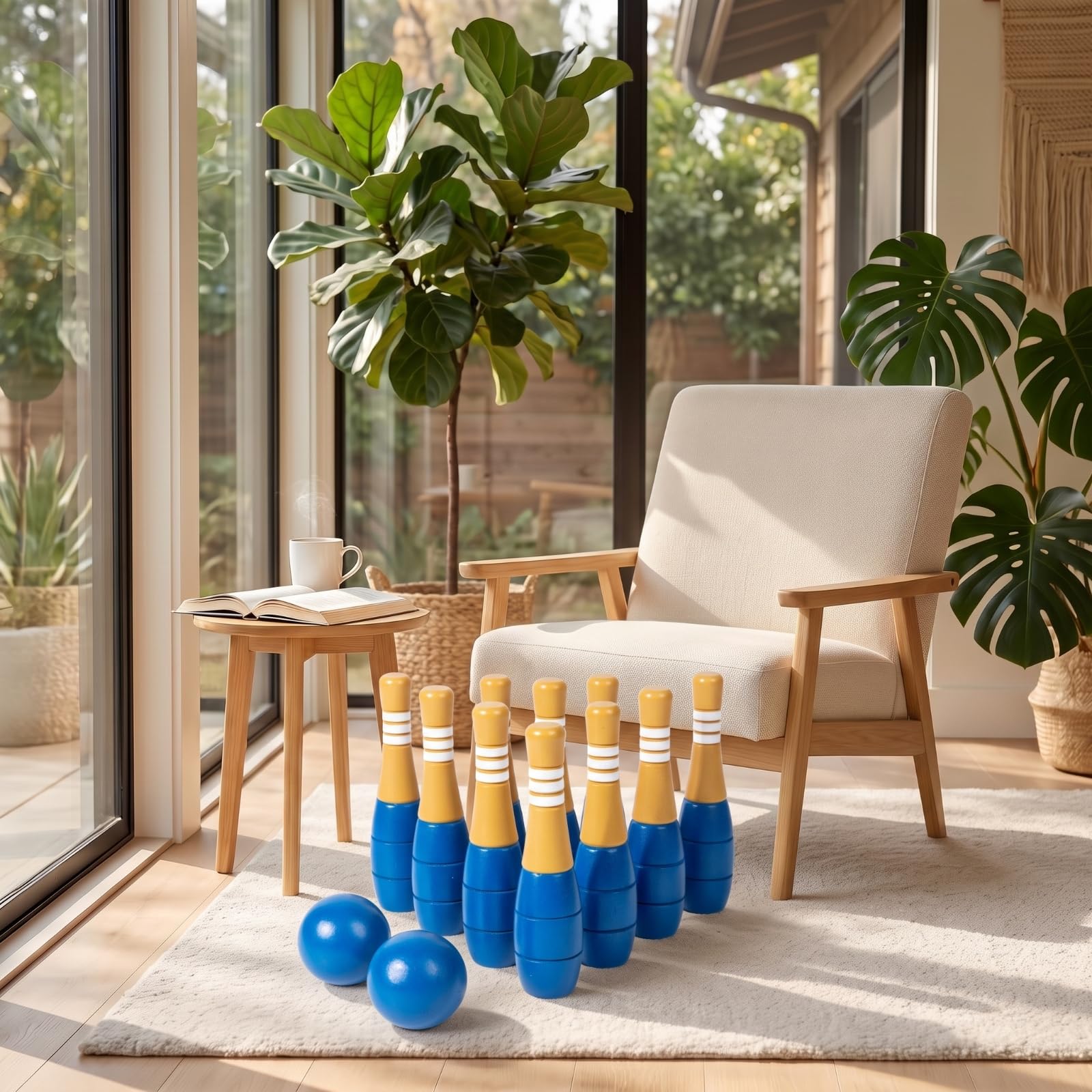 Kinder Bowling Spiel Kegelset Kegelbahn Bowlingset Bowlingpins aus Holz für Geschicklichkeit Räumliches Verständnis Sanftes Spiel Im Innenbereich für Kleinkinder Wohnzimmer