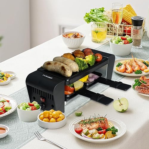Miniatura 3 de TAMARIT Raclette - Parrilla para 2 personas, parrilla eléctrica coreana compacta para interiores de 450 W con placa de hierro antiadherente y 2