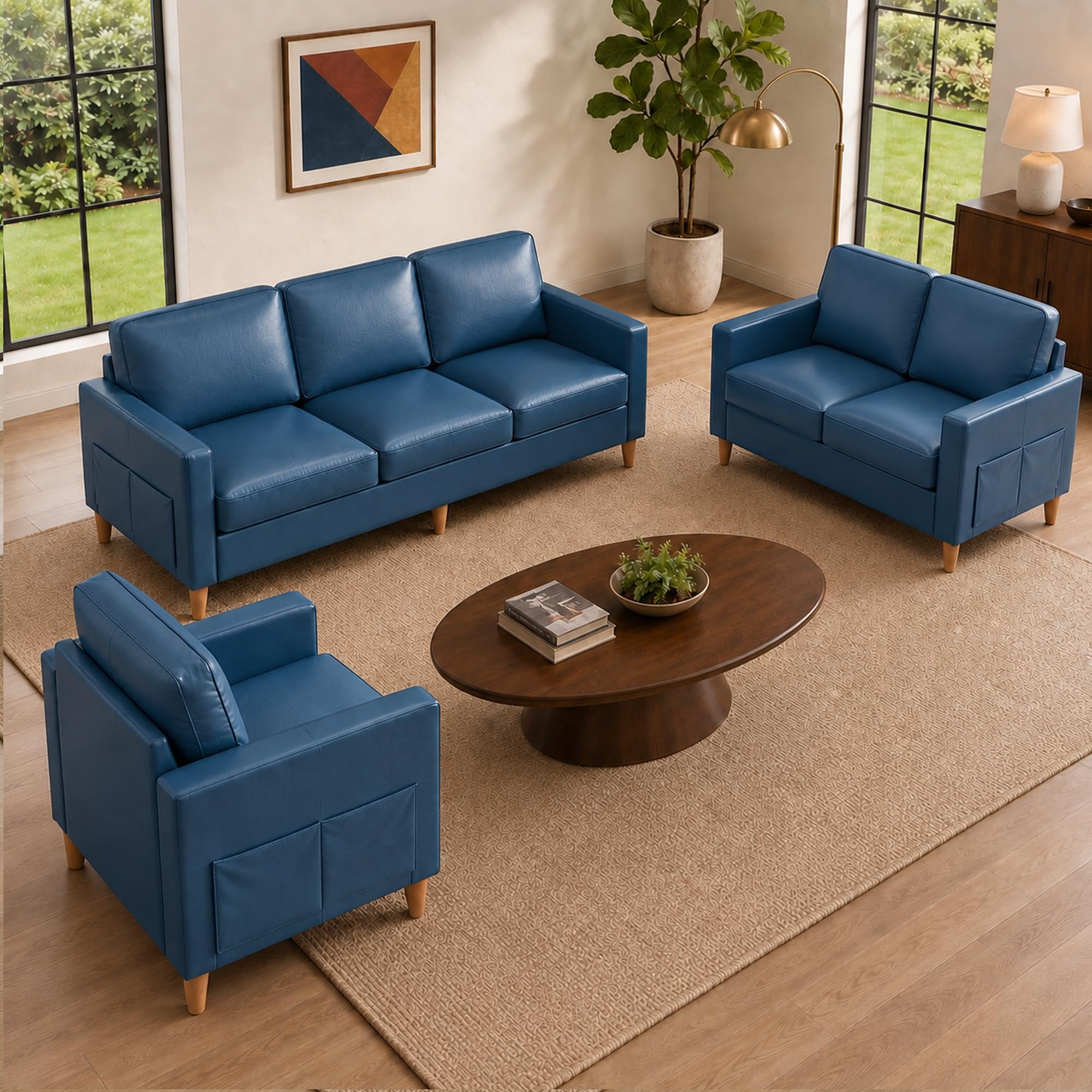 3-Piece Sofa Set for Living Room Faux Leather Couch with Loveseat and Chair