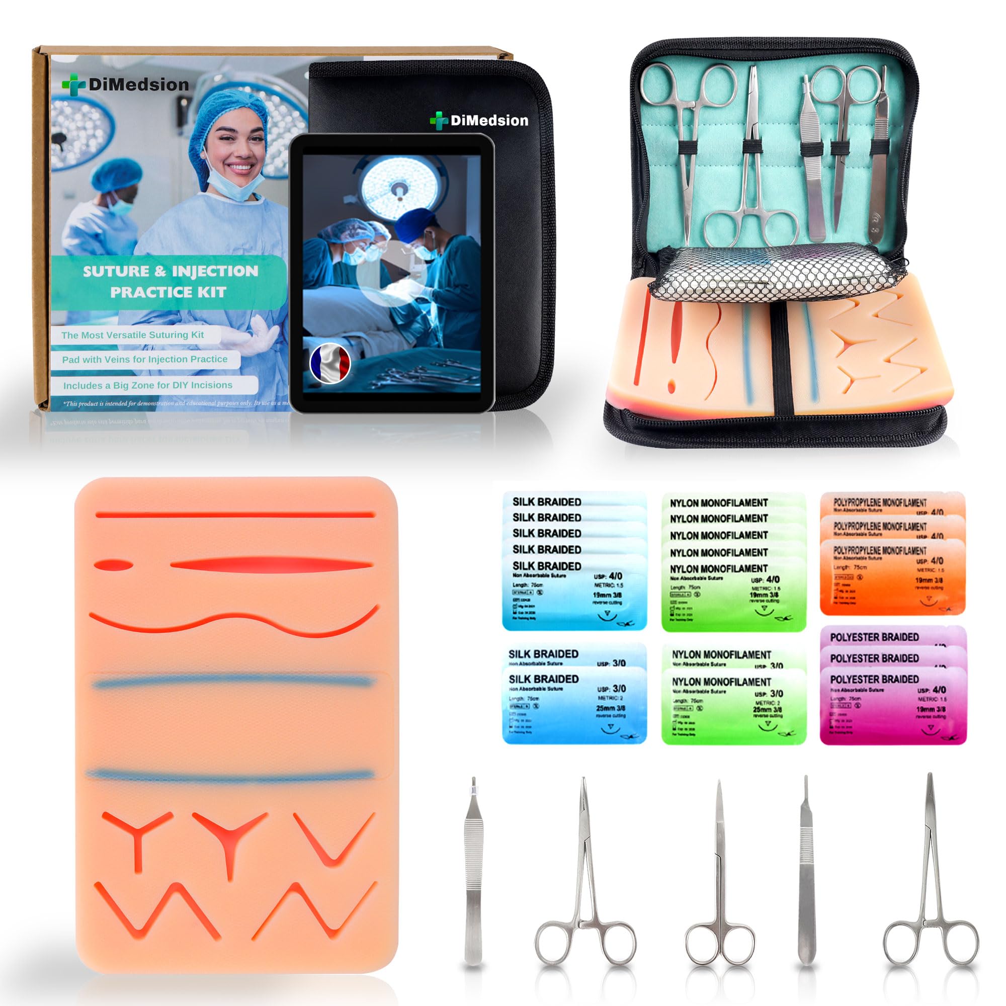Kit suture avec Coussin Réaliste à Veines - Kit de Suture pour pratiquer, kit de suture etudiant medecine avec e-learning, kit suture medecine pour Étudiants, cadeau étudiant médecine