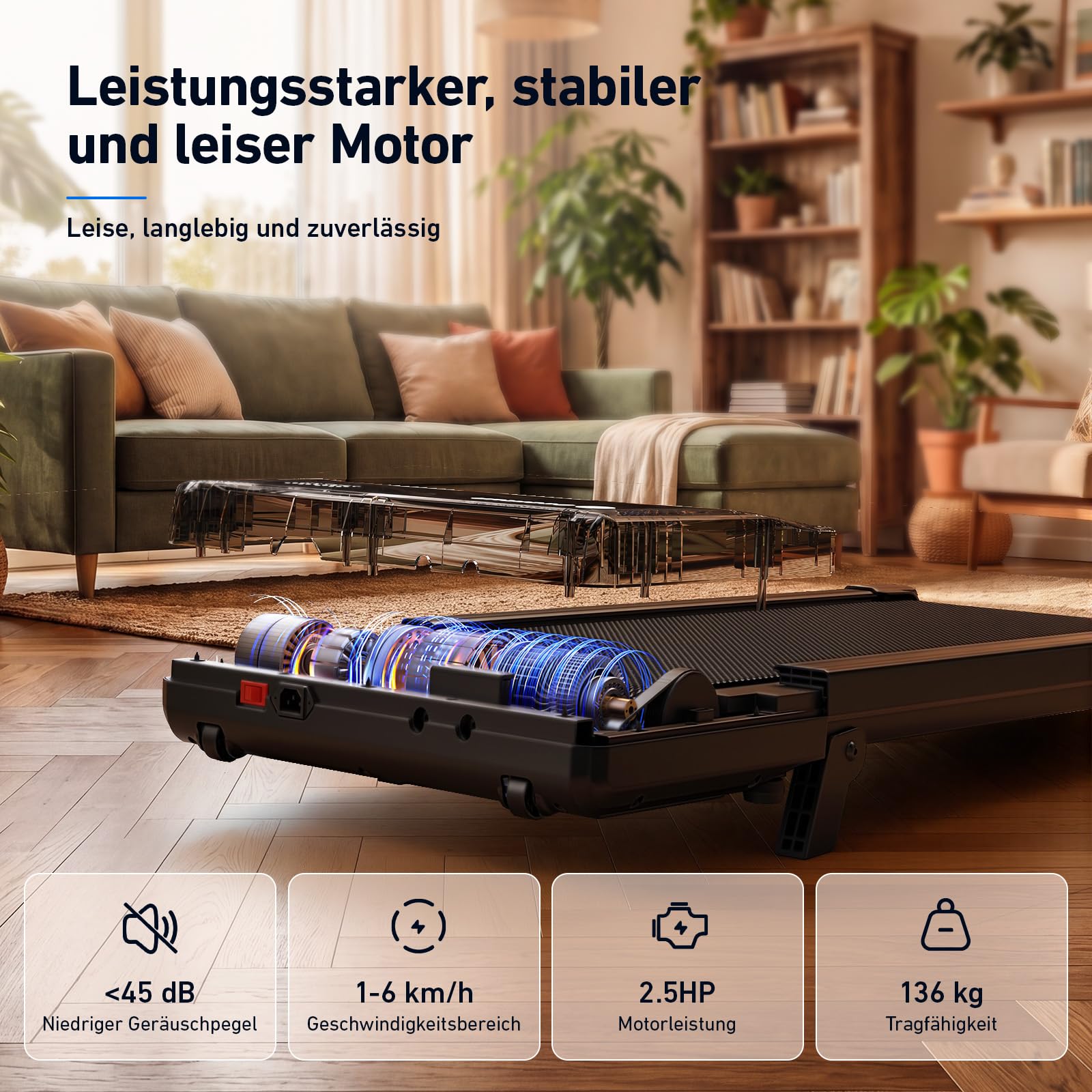 DeerRun Walking Pad mit 6% Steigung, Laufband für Zuhause und Home Office mit App, LED Anzeige und Fernbedienung bis 136 kg