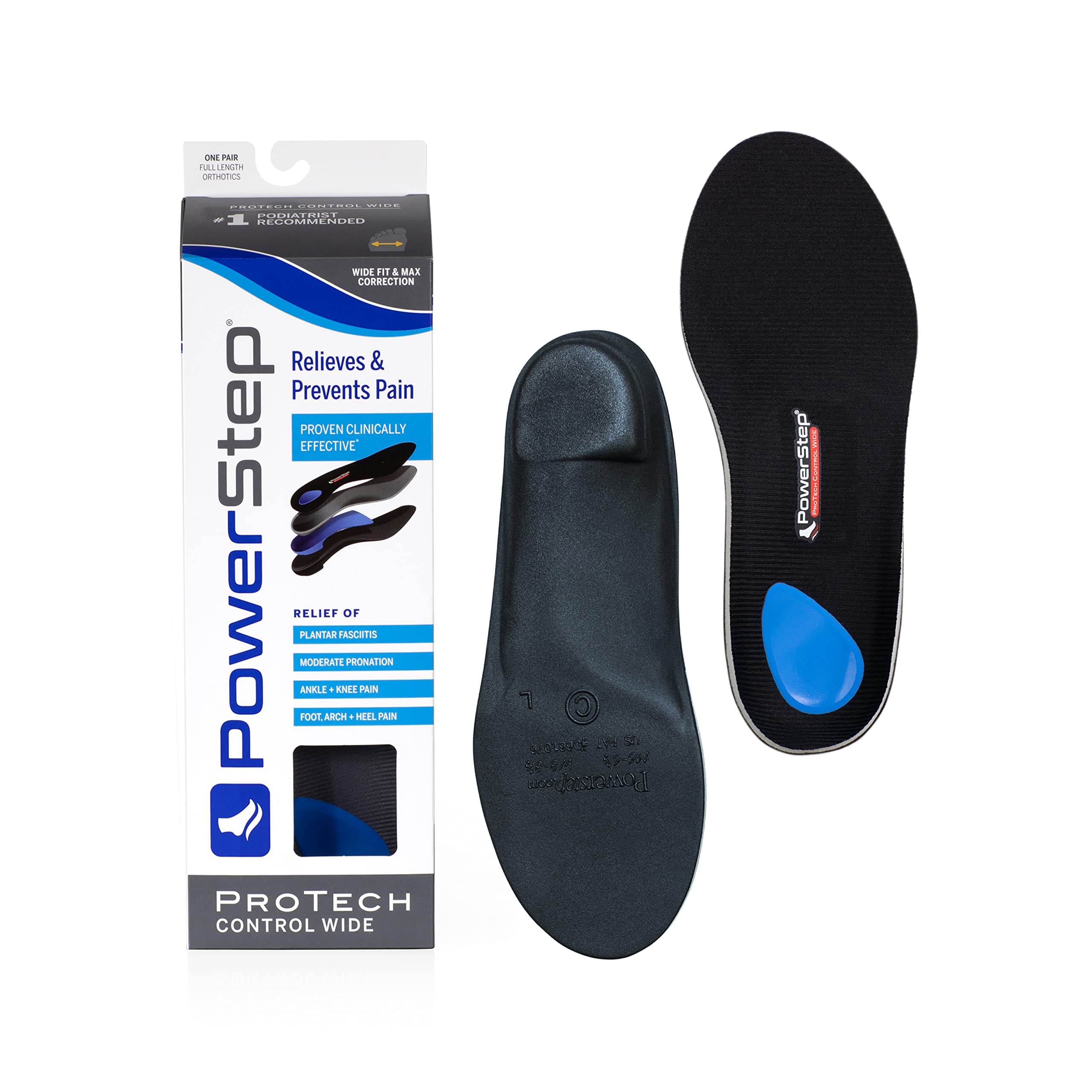PowerStep ProTech Control Wide Orthotic Inserts Medical Grade Orthotics  for Wide Feet Provides Extra Support for Plantar Fasciitis, Heel Pain,