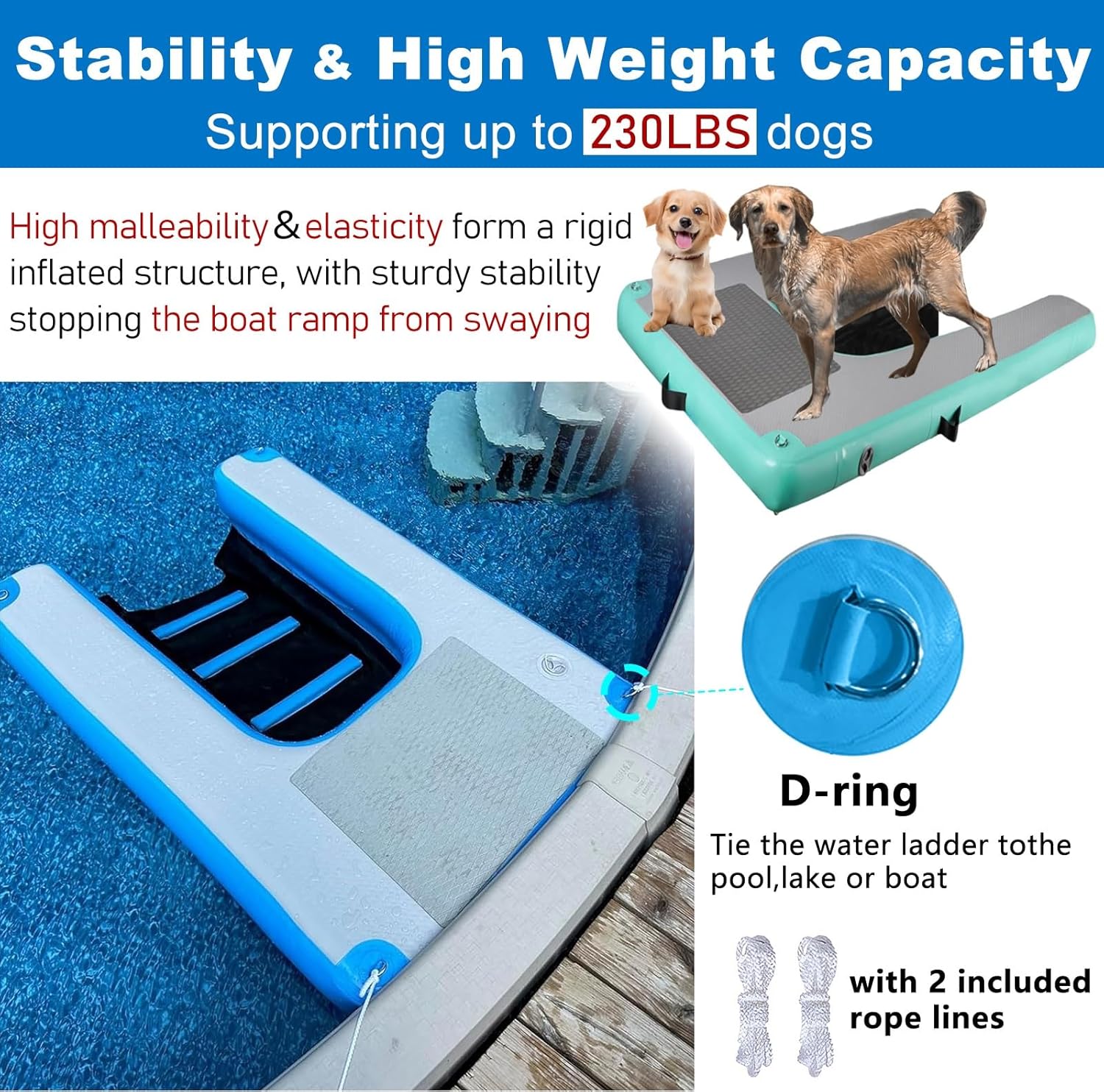 ERRULAN Inflatable Large Dog Water Ramp -60''×40", Portable Dogs Climbing Ladder On Water, High Visibility Pet Floating Dock Platform for Dogs Safe and Easy Access to Water(Yellow)