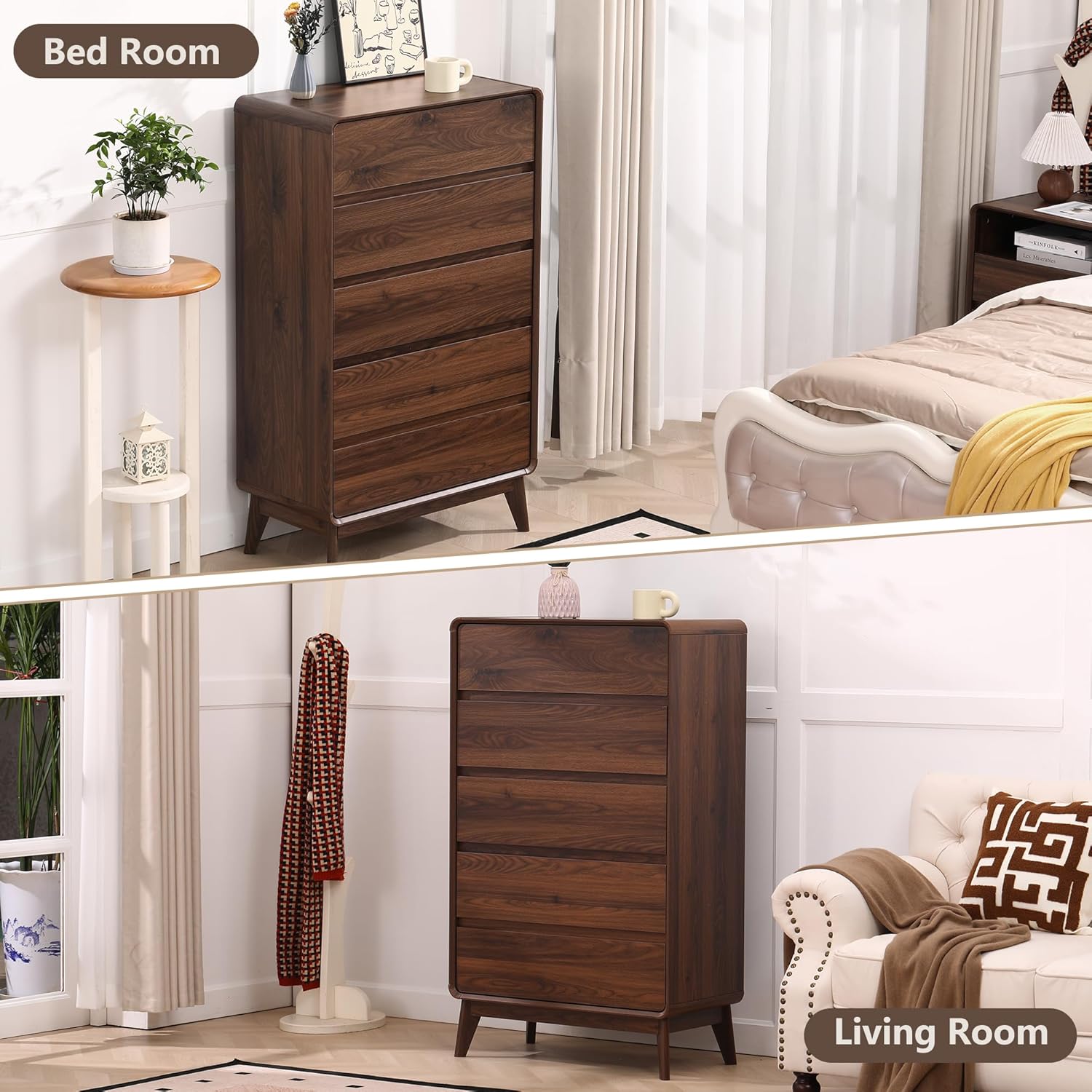 5 Drawer Dresser, 50" Tall Wood Chest of Drawers, Modern Mid Century Storage Organizer for Bedroom, Living Room, Hallway.Walnut - Image 4