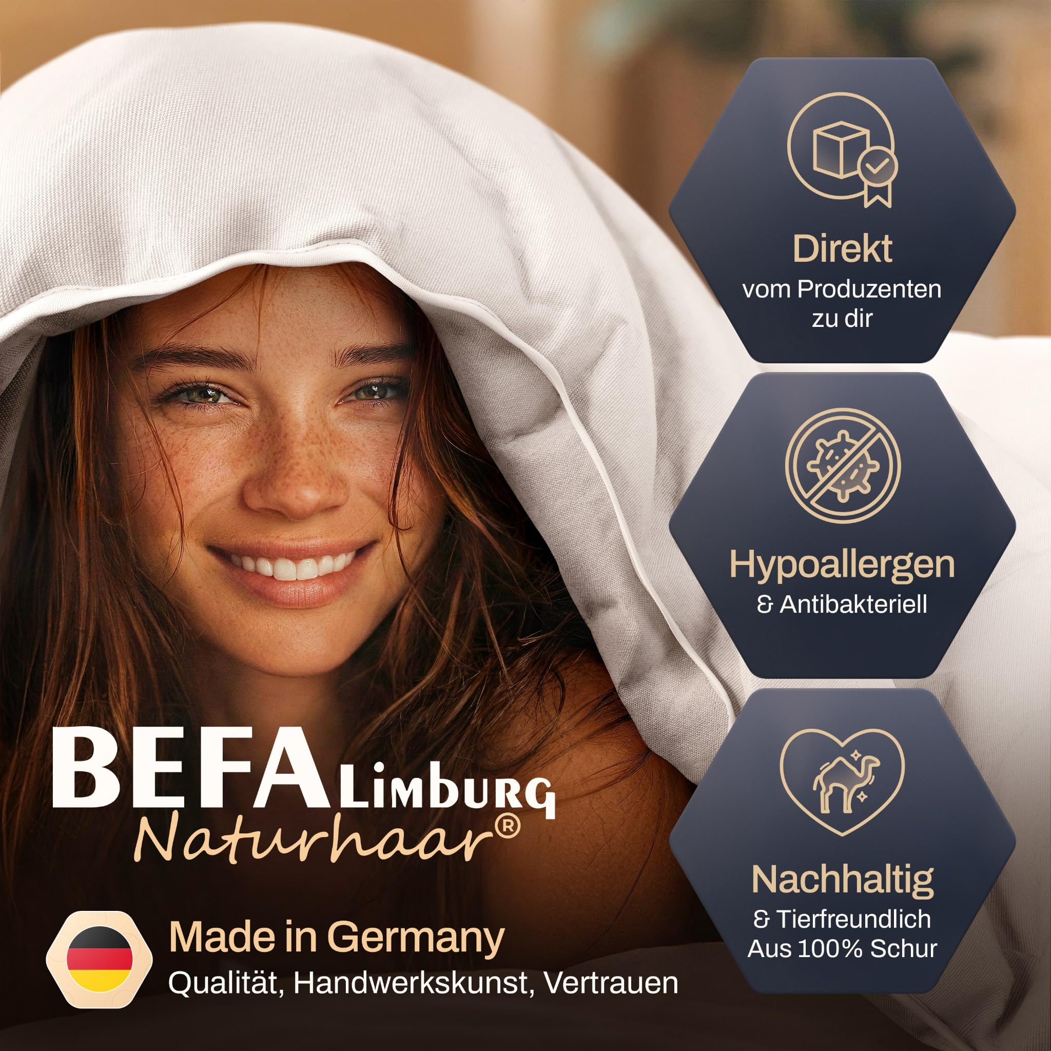 BEFA NATUR Kamelhaar Duo - Winterdecke 135x200 cm – kuschelig warm, 100% Kamelhaarfüllung, Bezug aus Baumwolle, Oeko-TEX Klasse 1, Made in Germany, allergikerfreundlich