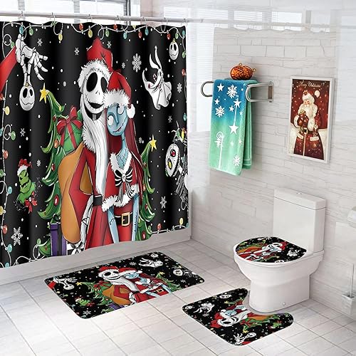 NIGHTMARE BEFORE CHRISTMAS Juego de 4 cortinas de ducha de baño con alfombras, diseño de dibujos animados de Jack Skellington y Sally, juego de