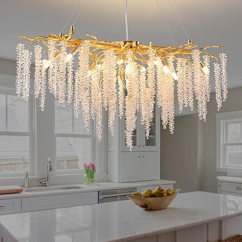 Modern Crystal Tree Branch Chandelier, Large Gold Linear Raindrop Indoor Hanging Pendant Light Fixture for Dining Room Kitchen Island Living Room Bedroom 13 Lights L42''