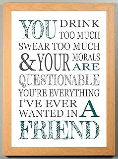 Fun Friendship A4 YOU DRINK TOO MUCH SWEAR TOO MUCH TEAL & GREY Print Sold in a LIGHT WOOD FRAME