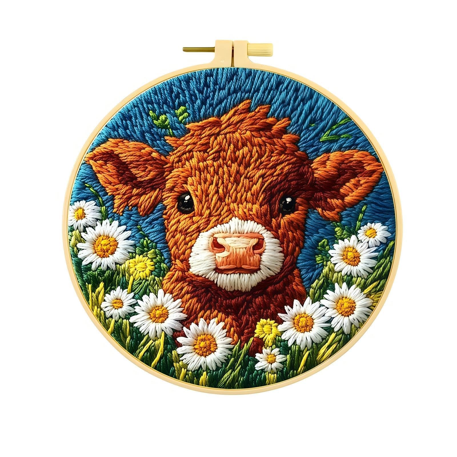 RongPei DIY Embroidery Starter Punch Needle Kit with Hoop,Calm Stitch Punch Needle Kit for Adults,Beginner Embroidery Starter Set with Hoop,Rich Color,Easy to Use DIY Craft for Practice(Highland Cow)