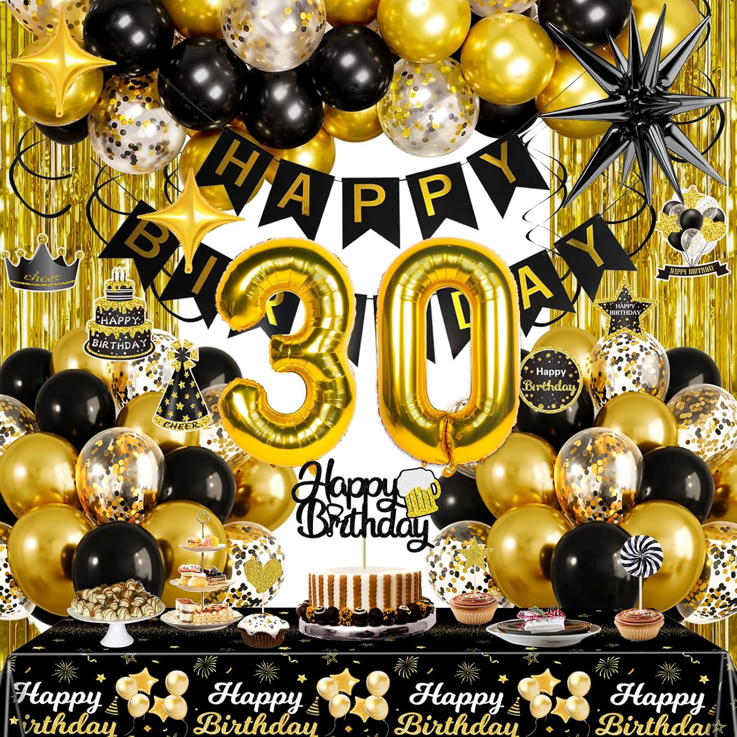 NANINUNENO Black and Gold 30th Birthday Decorations for Men Women, Gold Party Decorations include Happy Birthday Banner, Tablecloth, Fringe Curtains, Star Foil Balloons for 30th Birthday Decorations