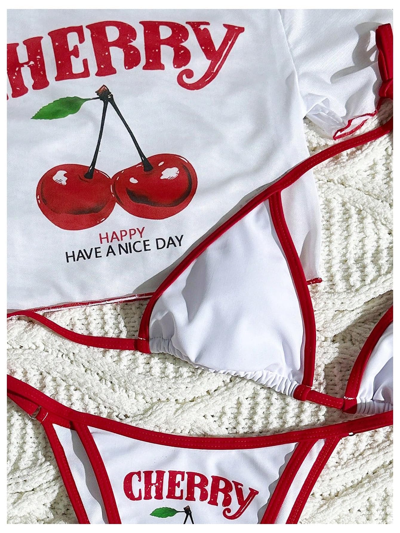 QJQ Women's 3 Piece Cherry Bikini Set Tie Back Swimsuit with Cover Up Mersh Tops Cute Cheeky Bathing Suits: Medium White